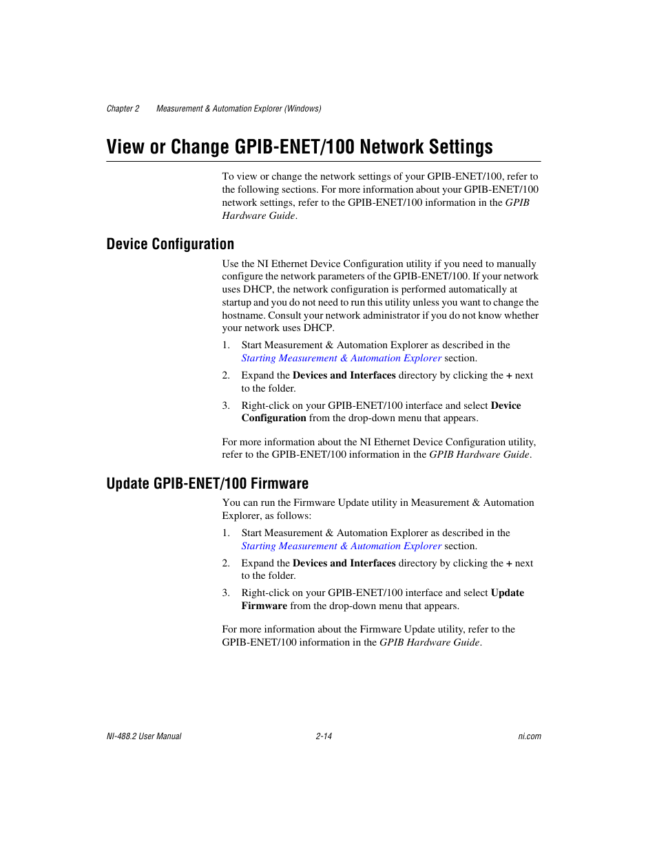 View or change gpib-enet/100 network settings, Device configuration, Update gpib-enet/100 firmware | View or change gpib-enet/100 network settings -14 | National Instruments NI-488.2 User Manual | Page 28 / 134