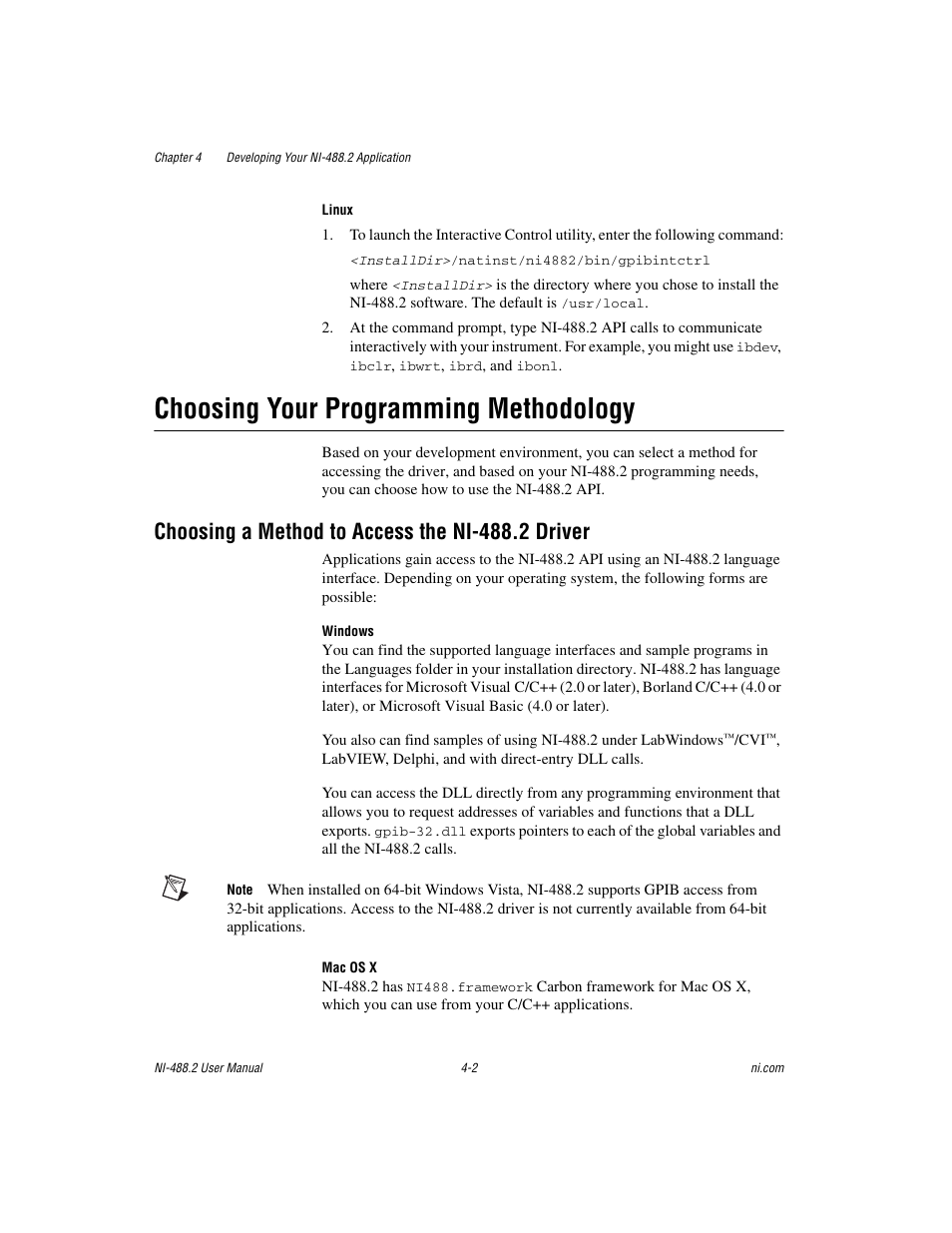 Choosing your programming methodology, Choosing a method to access the ni-488.2 driver, Choosing your programming methodology -2 | Choosing a method to access the ni-488.2 driver -2 | National Instruments NI-488.2 User Manual | Page 39 / 134