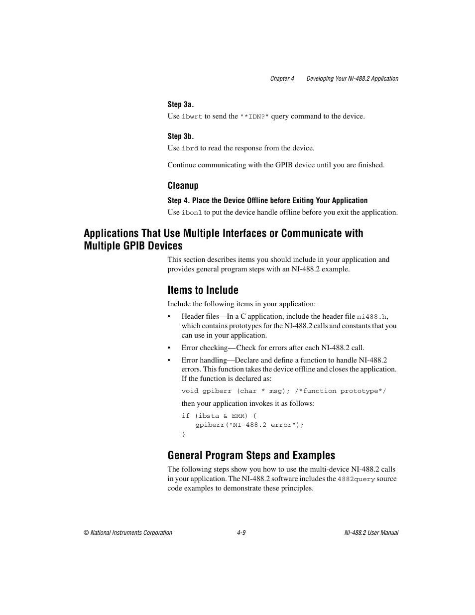 Items to include, General program steps and examples, With multiple gpib devices -9 | Applications that use | National Instruments NI-488.2 User Manual | Page 46 / 134