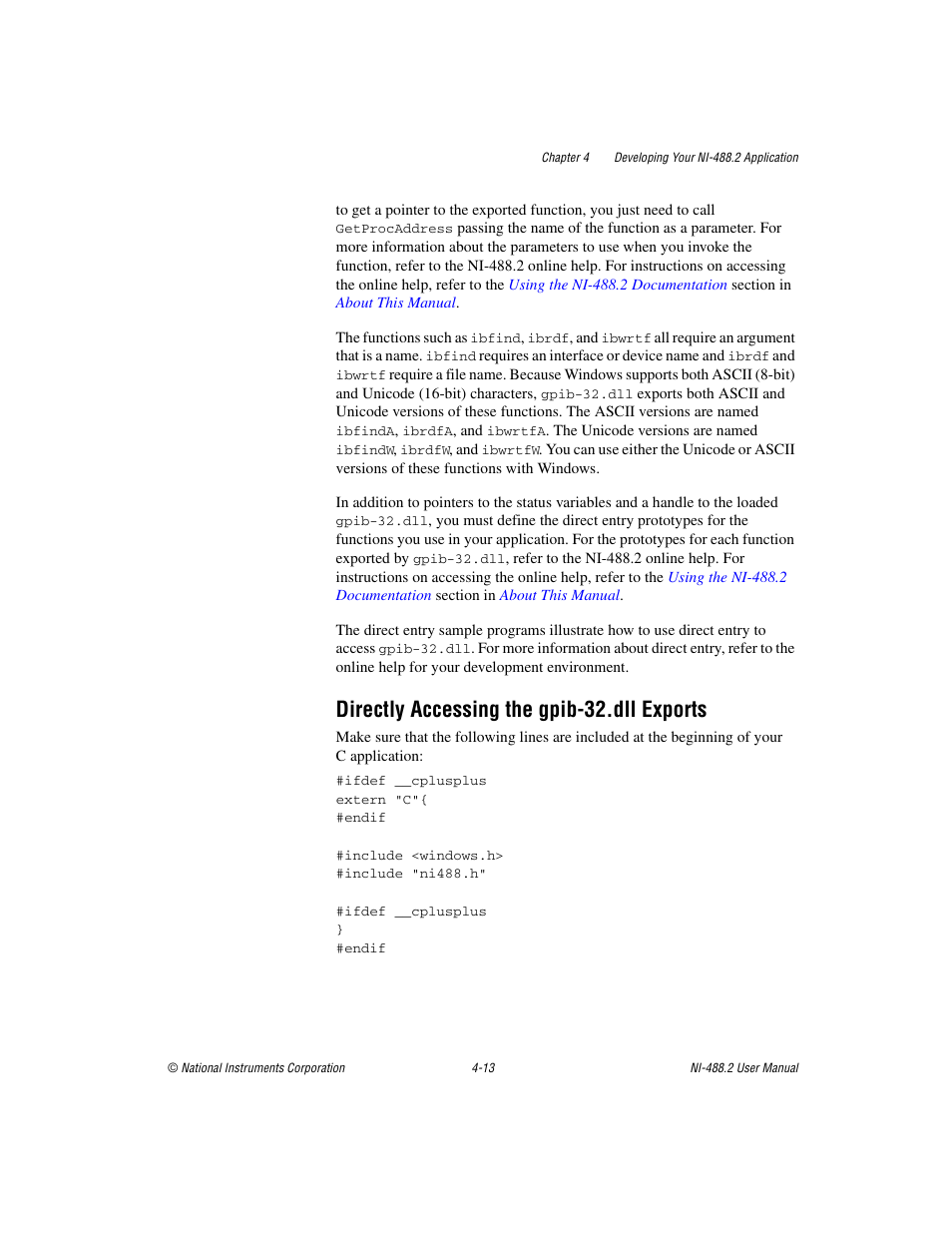 Directly accessing the gpib-32.dll exports, Directly accessing the gpib-32.dll exports -13 | National Instruments NI-488.2 User Manual | Page 50 / 134