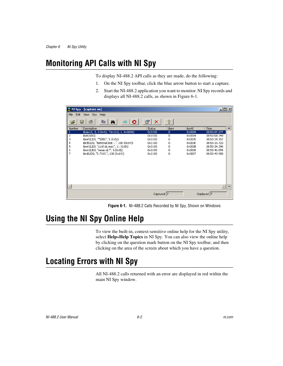 Monitoring api calls with ni spy, Using the ni spy online help, Locating errors with ni spy | National Instruments NI-488.2 User Manual | Page 59 / 134