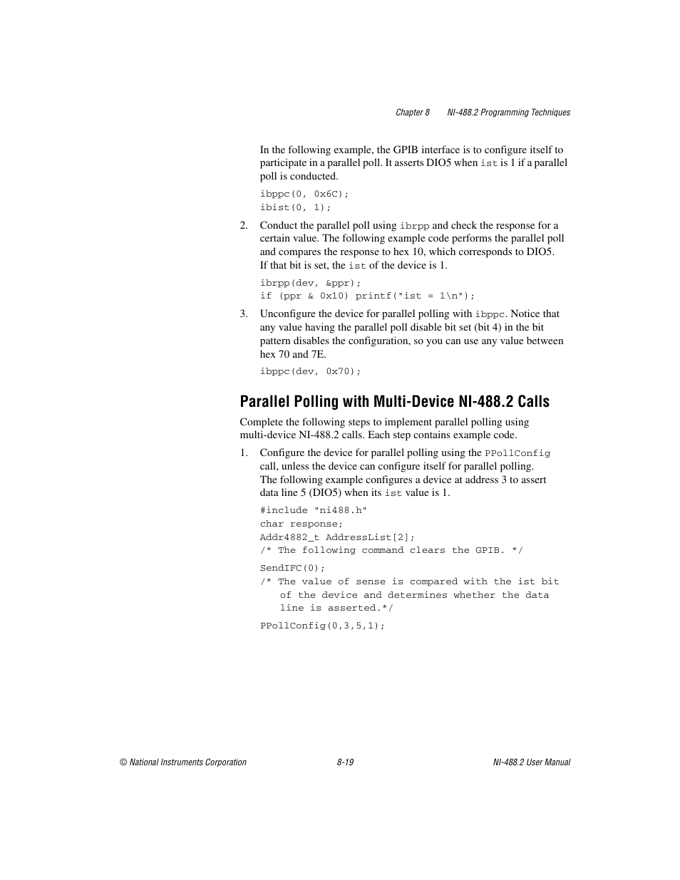 Parallel polling with multi-device ni-488.2 calls | National Instruments NI-488.2 User Manual | Page 91 / 134
