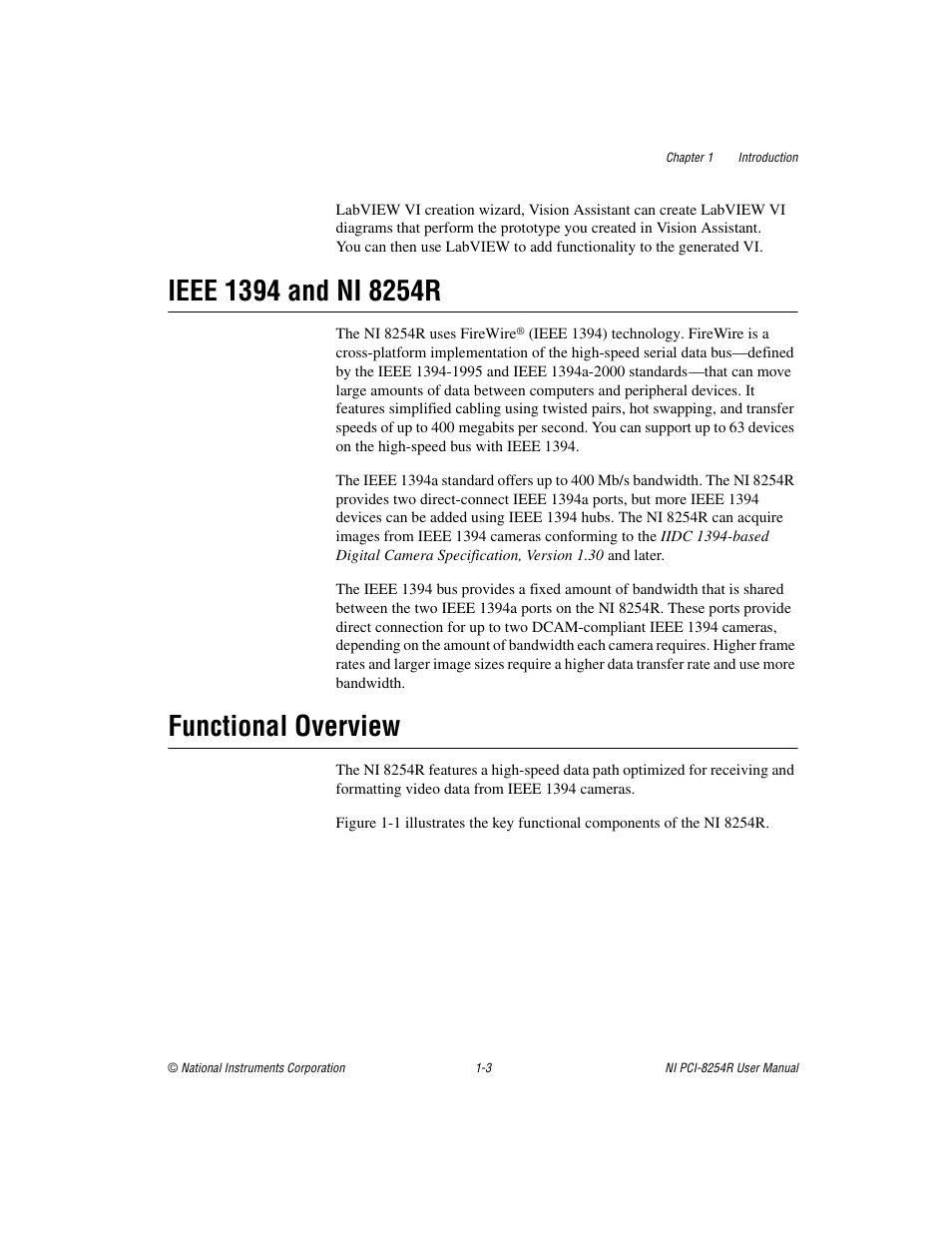 Ieee 1394 and ni 8254r, Functional overview, Ieee 1394 and ni 8254r -3 functional overview -3 | National Instruments NI VISION PCI-8254R User Manual | Page 10 / 43