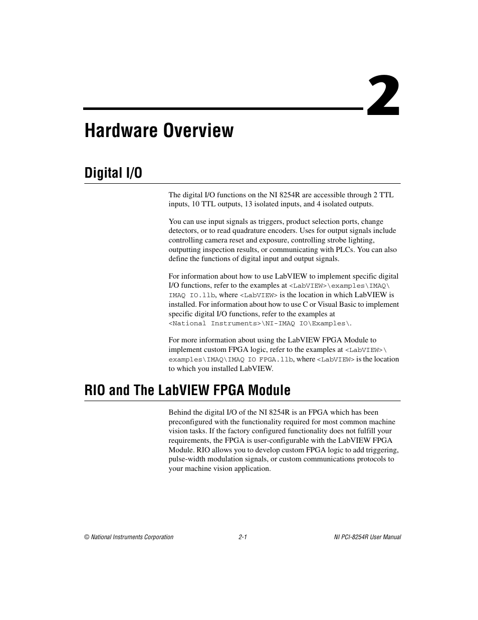 Chapter 2 hardware overview, Digital i/o, Rio and the labview fpga module | Digital i/o -1 rio and the labview fpga module -1, Hardware overview | National Instruments NI VISION PCI-8254R User Manual | Page 12 / 43