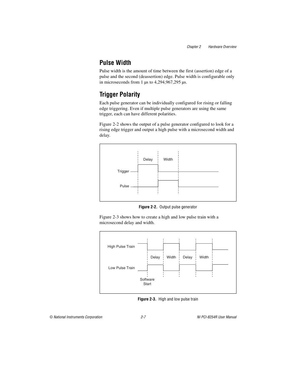 Pulse width, Trigger polarity, Figure 2-2. output pulse generator | Figure 2-3. high and low pulse train, Pulse width -7 trigger polarity -7 | National Instruments NI VISION PCI-8254R User Manual | Page 18 / 43