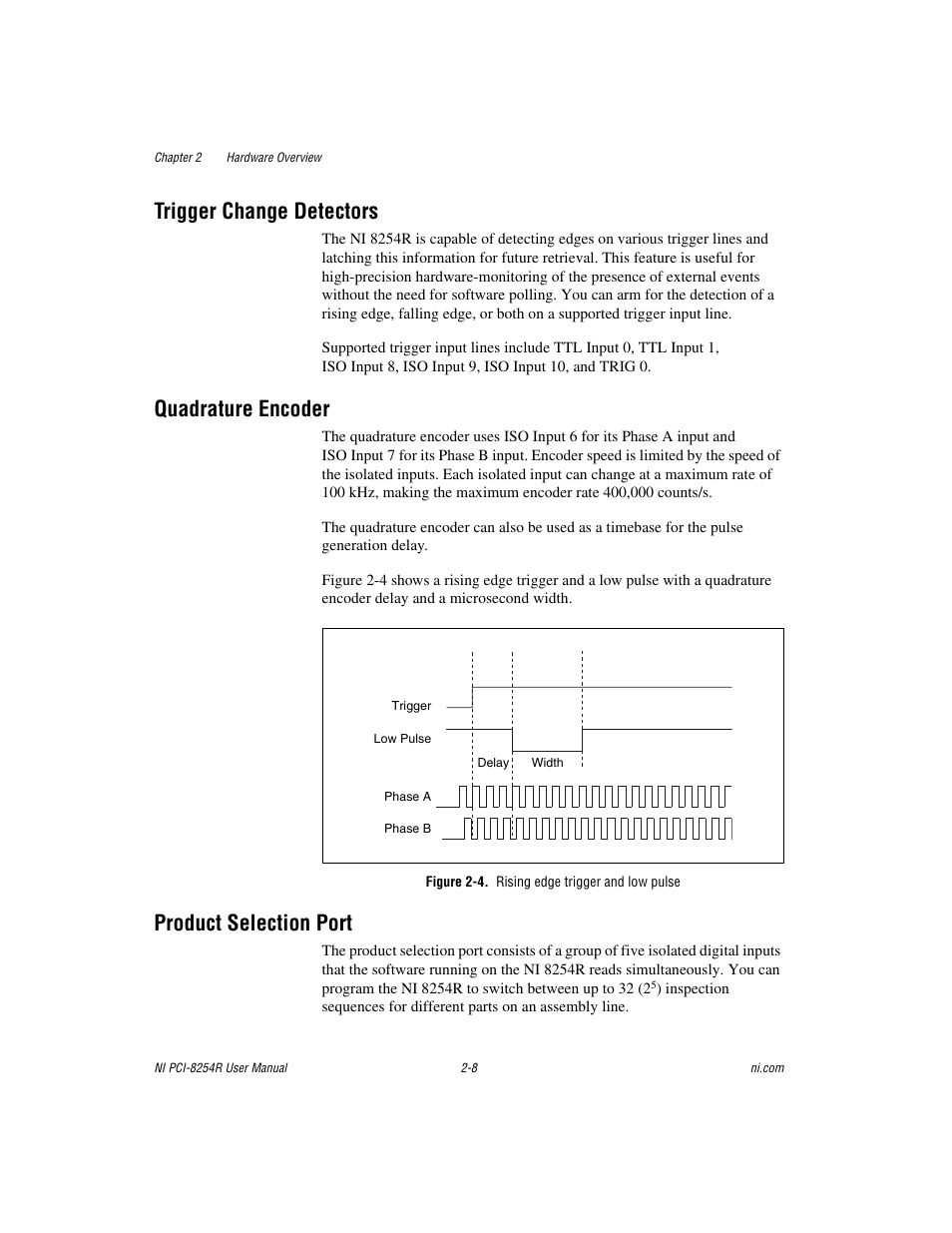 Trigger change detectors, Quadrature encoder, Figure 2-4. rising edge trigger and low pulse | Product selection port | National Instruments NI VISION PCI-8254R User Manual | Page 19 / 43
