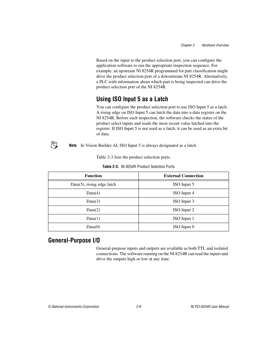 Using iso input 5 as a latch, Table 2-3. ni 8254r product selection ports, General-purpose i/o | Using iso input 5 as a latch -9, General-purpose i/o -9 | National Instruments NI VISION PCI-8254R User Manual | Page 20 / 43