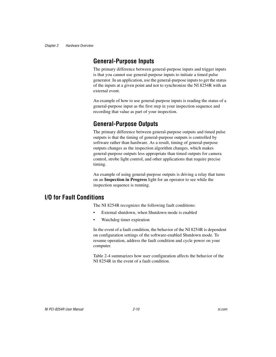 General-purpose inputs, General-purpose outputs, I/o for fault conditions | I/o for fault conditions -10 | National Instruments NI VISION PCI-8254R User Manual | Page 21 / 43
