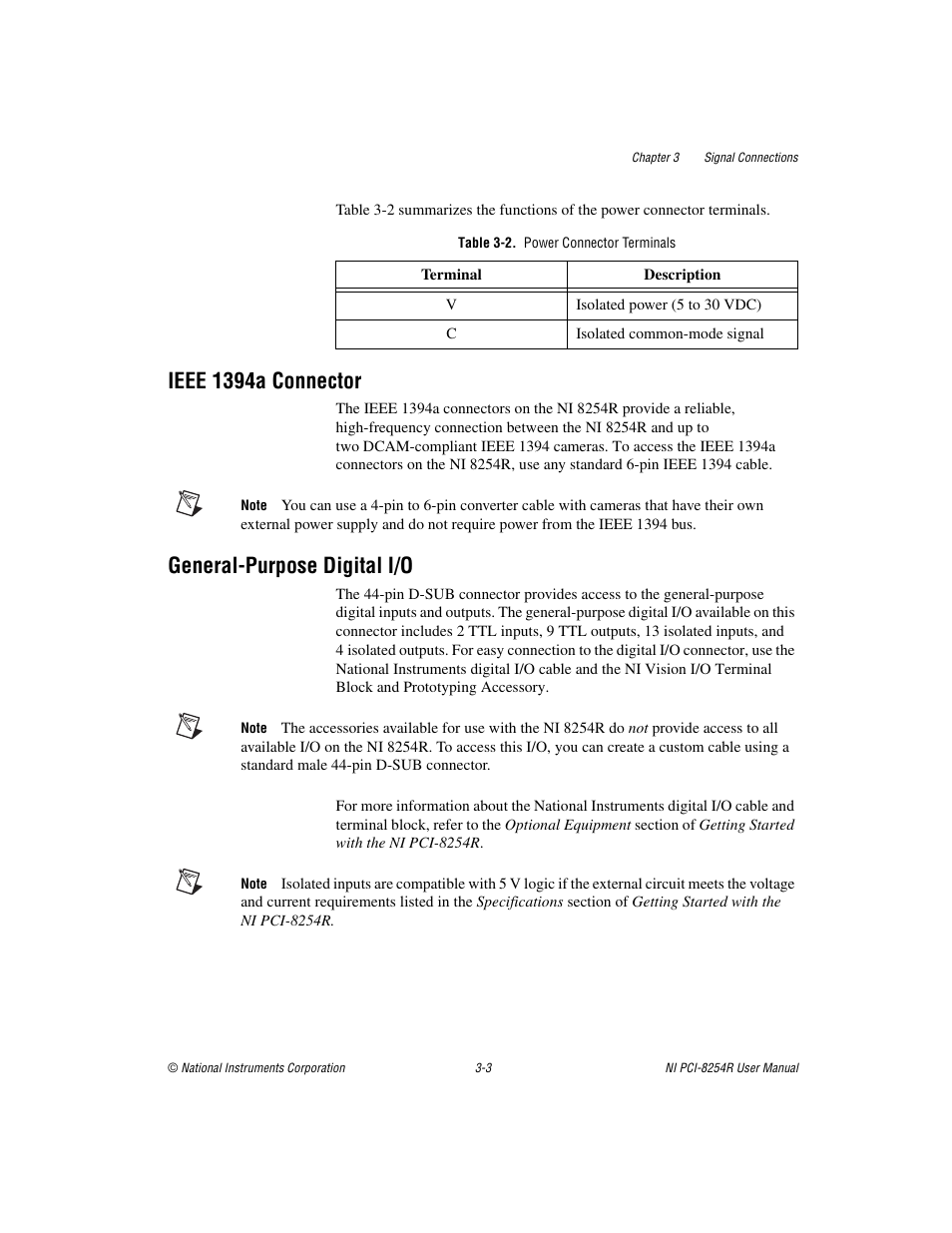 Table 3-2. power connector terminals, Ieee 1394a connector, General-purpose digital i/o | National Instruments NI VISION PCI-8254R User Manual | Page 29 / 43