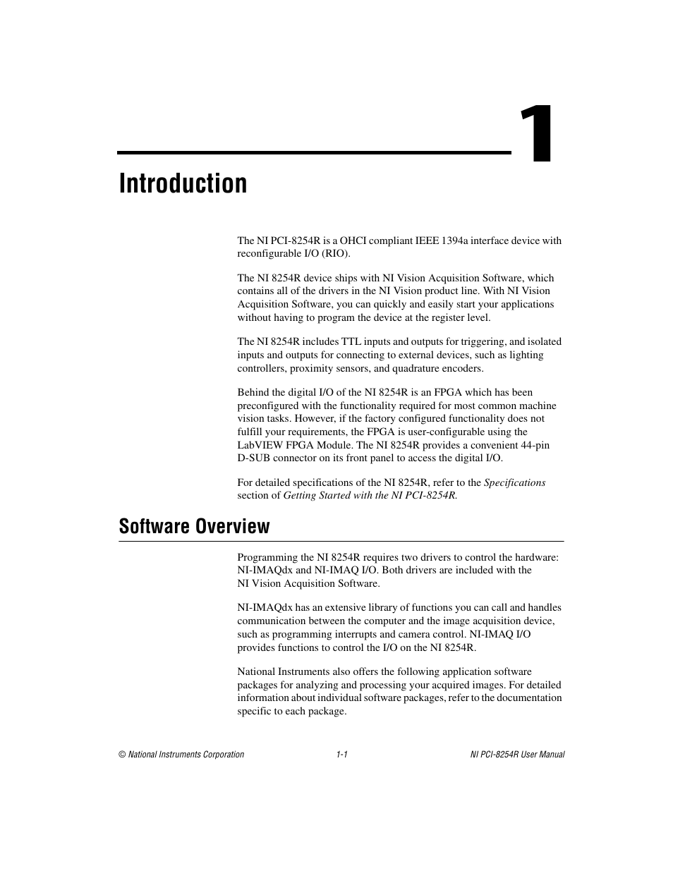 Chapter 1 introduction, Software overview, Software overview -1 | Introduction | National Instruments NI VISION PCI-8254R User Manual | Page 8 / 43