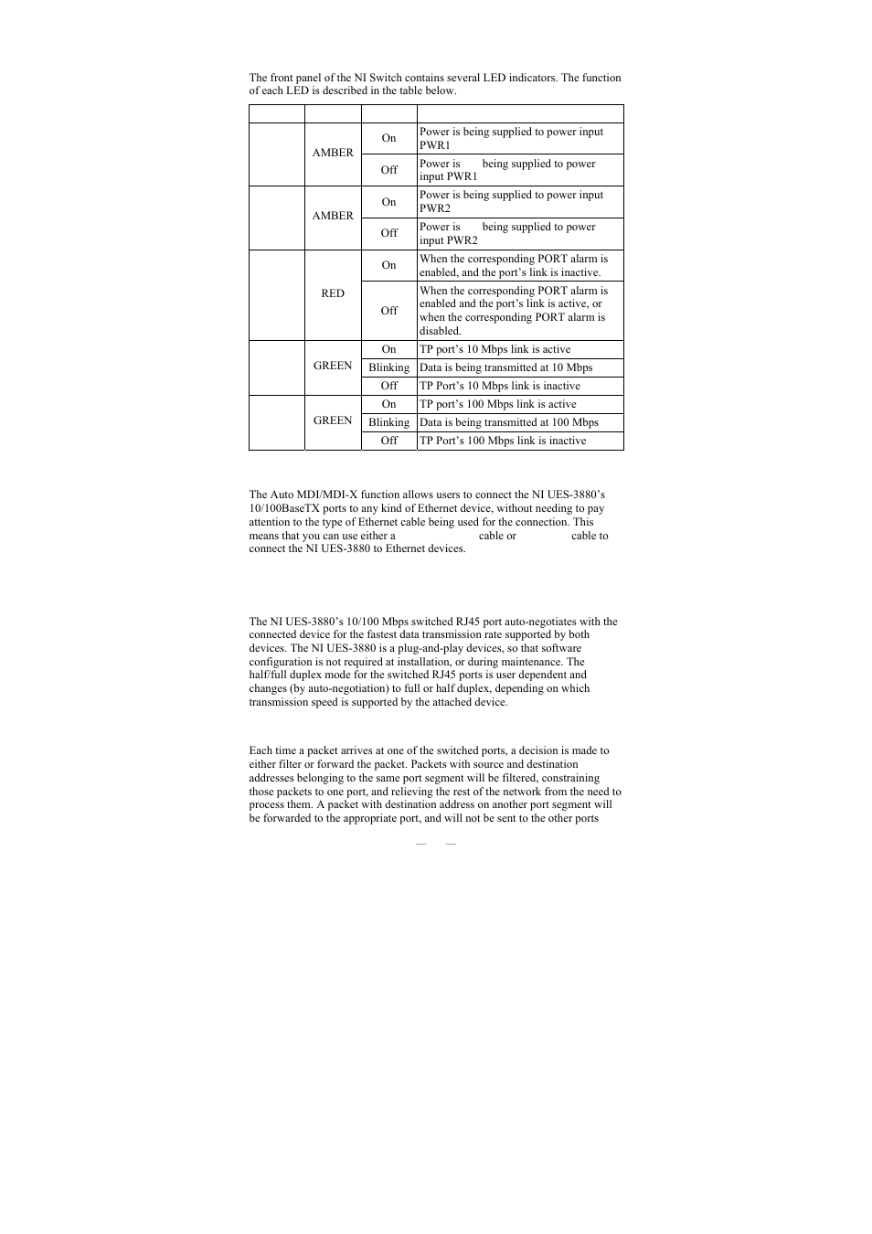 Led indicators, Auto mdi/mdi-x connection, Dual speed functionality and switching | Switching, filtering, and forwarding | National Instruments NI UES-3880 User Manual | Page 10 / 14