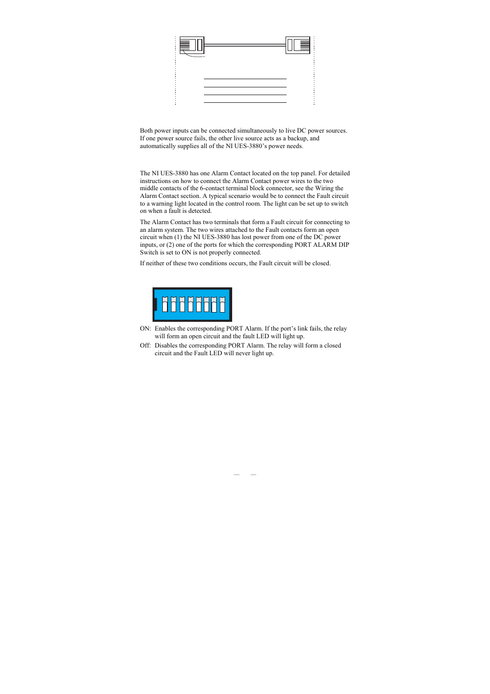 Redundant power inputs, Alarm contact, Dip switch settings | National Instruments NI UES-3880 User Manual | Page 9 / 14