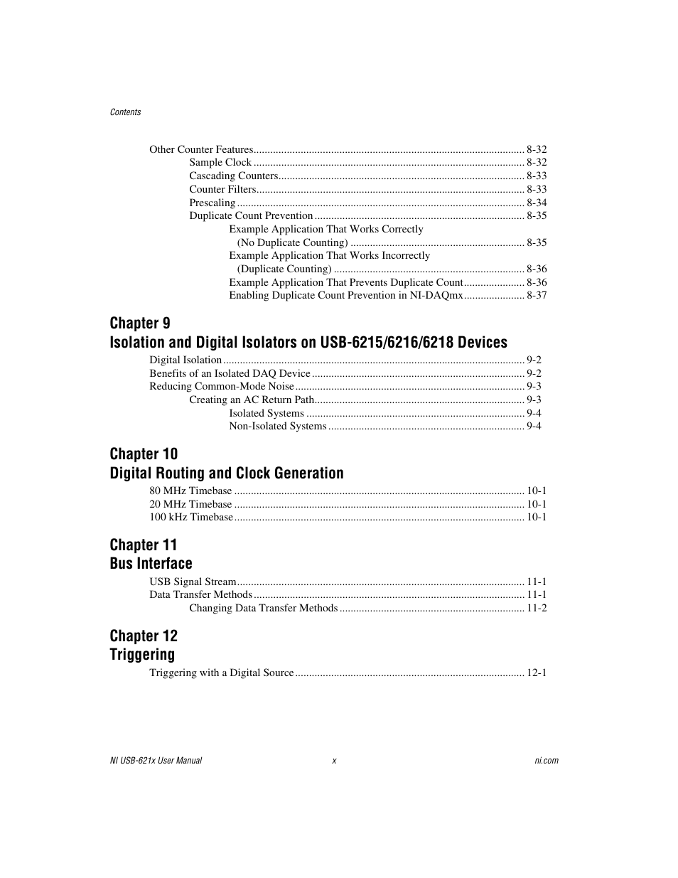 Chapter 10 digital routing and clock generation, Chapter 11 bus interface, Chapter 12 triggering | National Instruments Data Acquisition Device NI USB-621x User Manual | Page 10 / 185