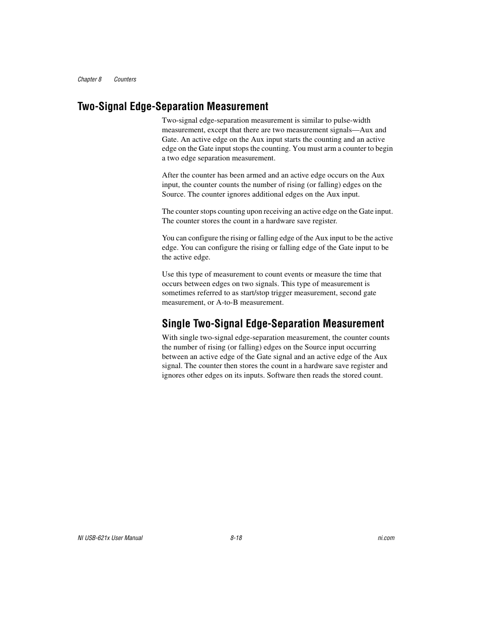 Two-signal edge-separation measurement, Single two-signal edge-separation measurement, Two-signal edge-separation measurement -18 | Single two-signal edge-separation measurement -18 | National Instruments Data Acquisition Device NI USB-621x User Manual | Page 111 / 185