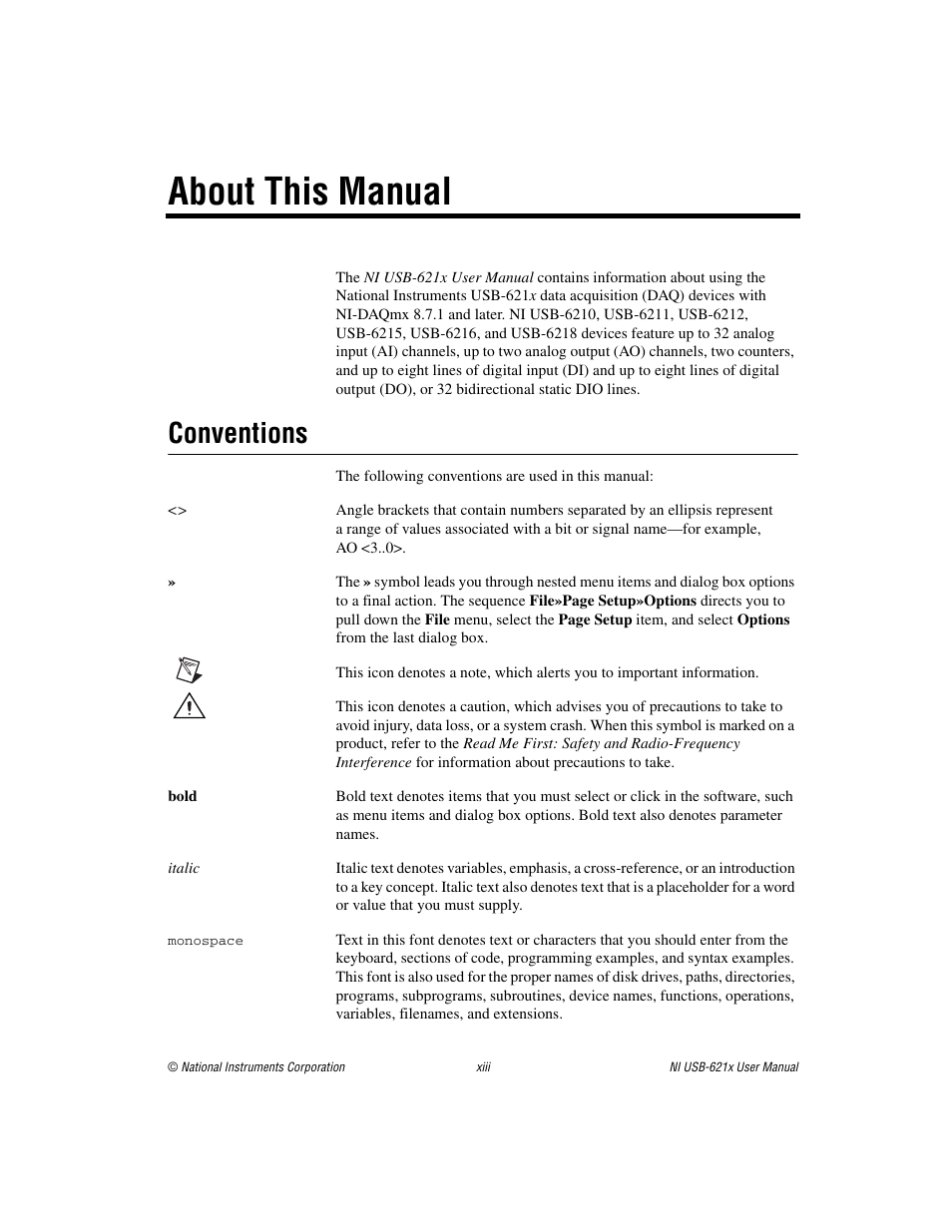 About this manual, Conventions | National Instruments Data Acquisition Device NI USB-621x User Manual | Page 12 / 185