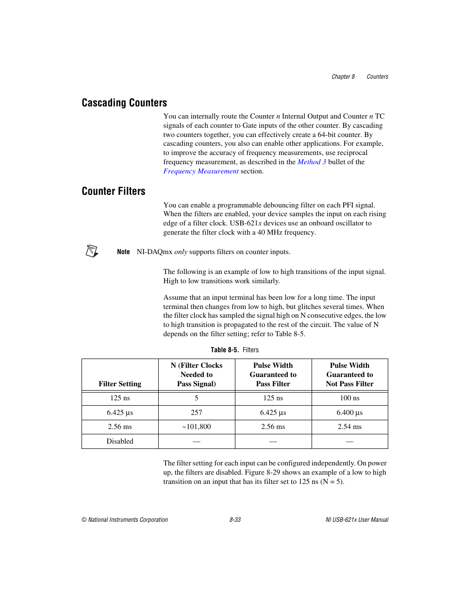 Cascading counters, Counter filters, Table 8-5. filters | Cascading counters -33 counter filters -33 | National Instruments Data Acquisition Device NI USB-621x User Manual | Page 126 / 185
