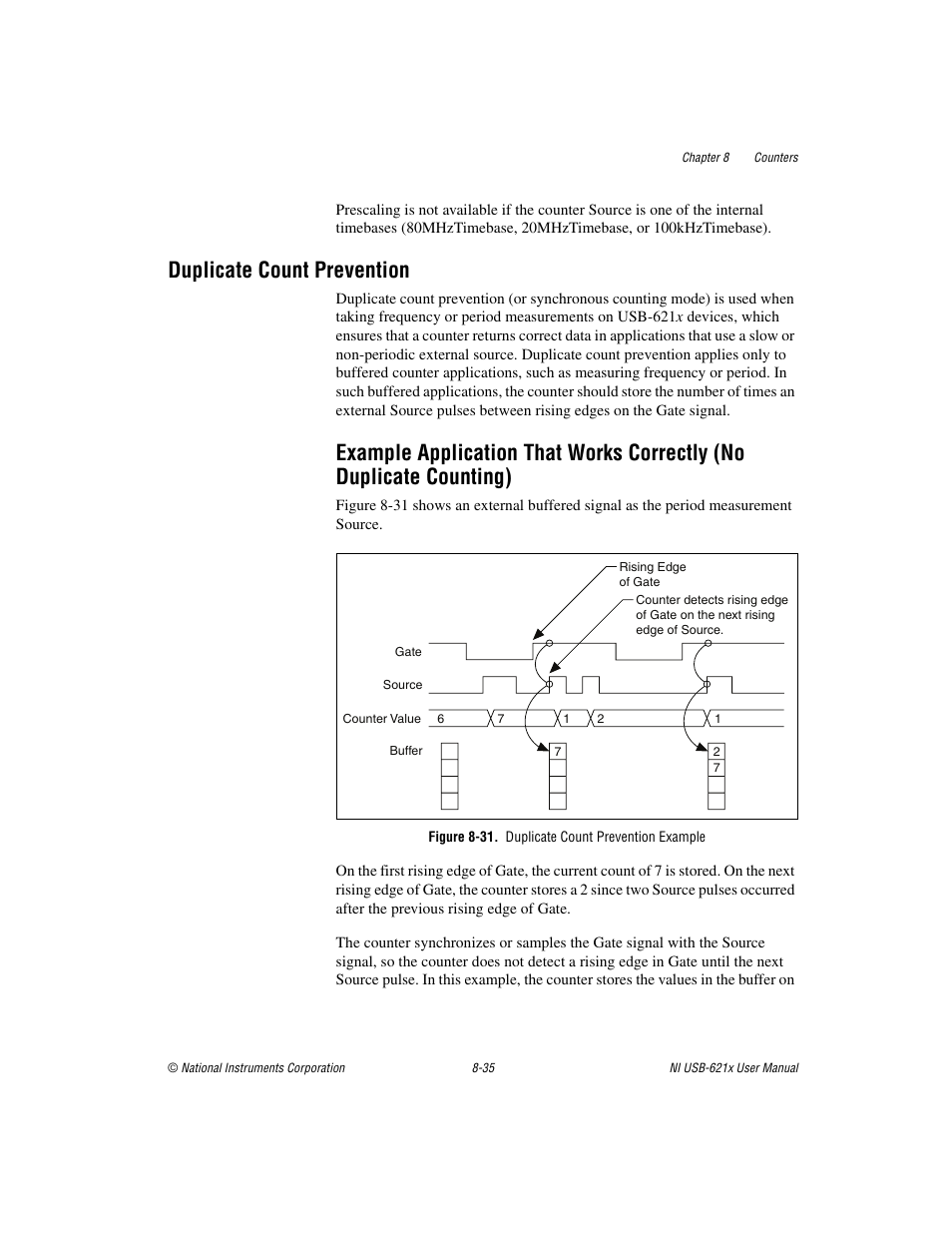Duplicate count prevention, Figure 8-31. duplicate count prevention example, Duplicate count prevention -35 | Example application that works correctly, No duplicate counting) -35, Duplicate, Count prevention | National Instruments Data Acquisition Device NI USB-621x User Manual | Page 128 / 185