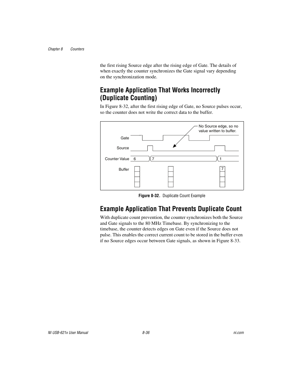 Figure 8-32. duplicate count example, Example application that prevents duplicate count, Example application that works incorrectly | Duplicate counting) -36 | National Instruments Data Acquisition Device NI USB-621x User Manual | Page 129 / 185
