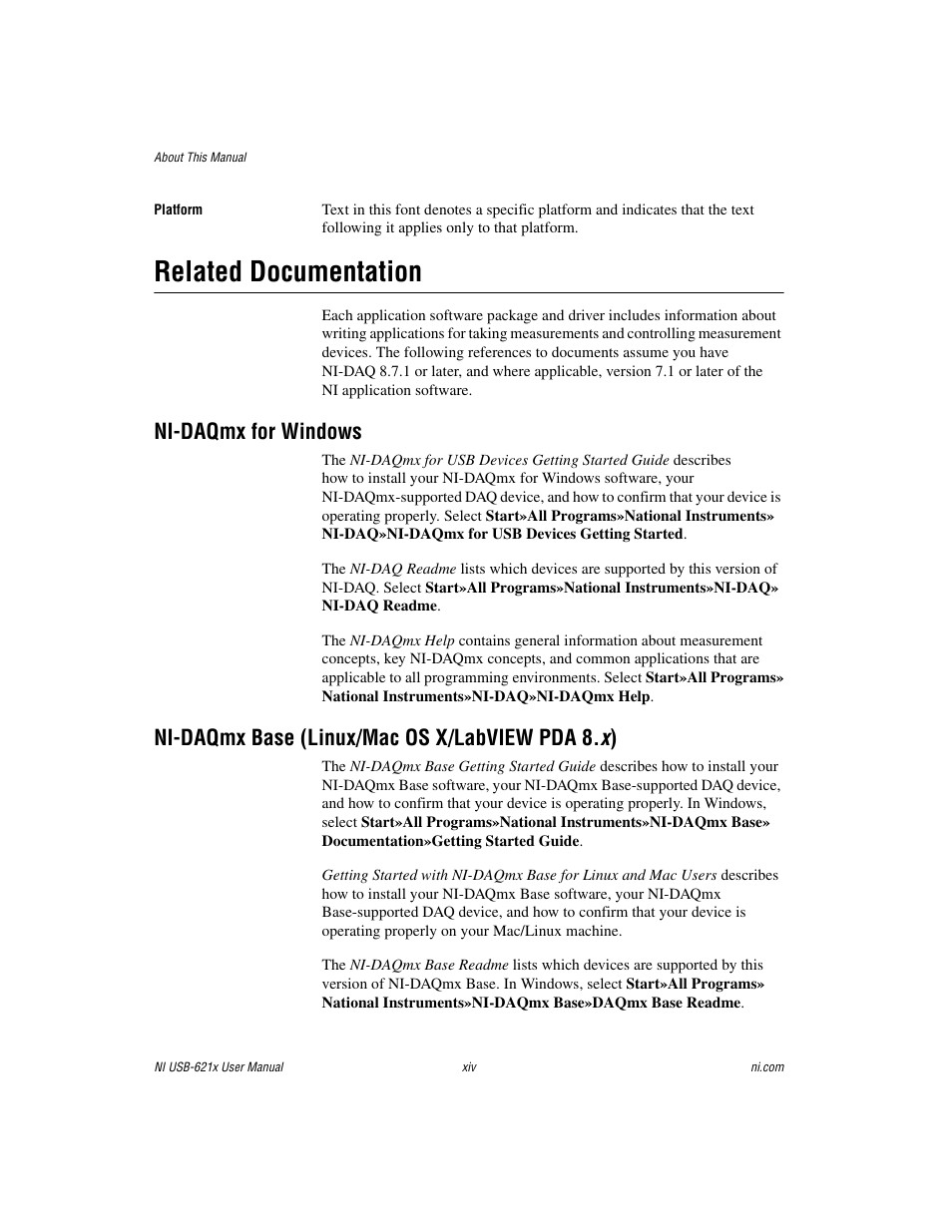 Related documentation, Ni-daqmx for windows, Ni-daqmx base (linux/mac os x/labview pda 8.x) | Ni-daqmx base (linux/mac os x/labview pda 8. x ) | National Instruments Data Acquisition Device NI USB-621x User Manual | Page 13 / 185