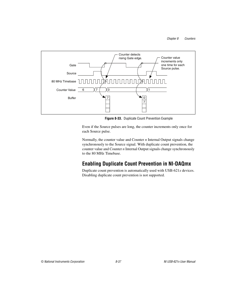 Figure 8-33. duplicate count prevention example, Enabling duplicate count prevention in ni-daqmx | National Instruments Data Acquisition Device NI USB-621x User Manual | Page 130 / 185