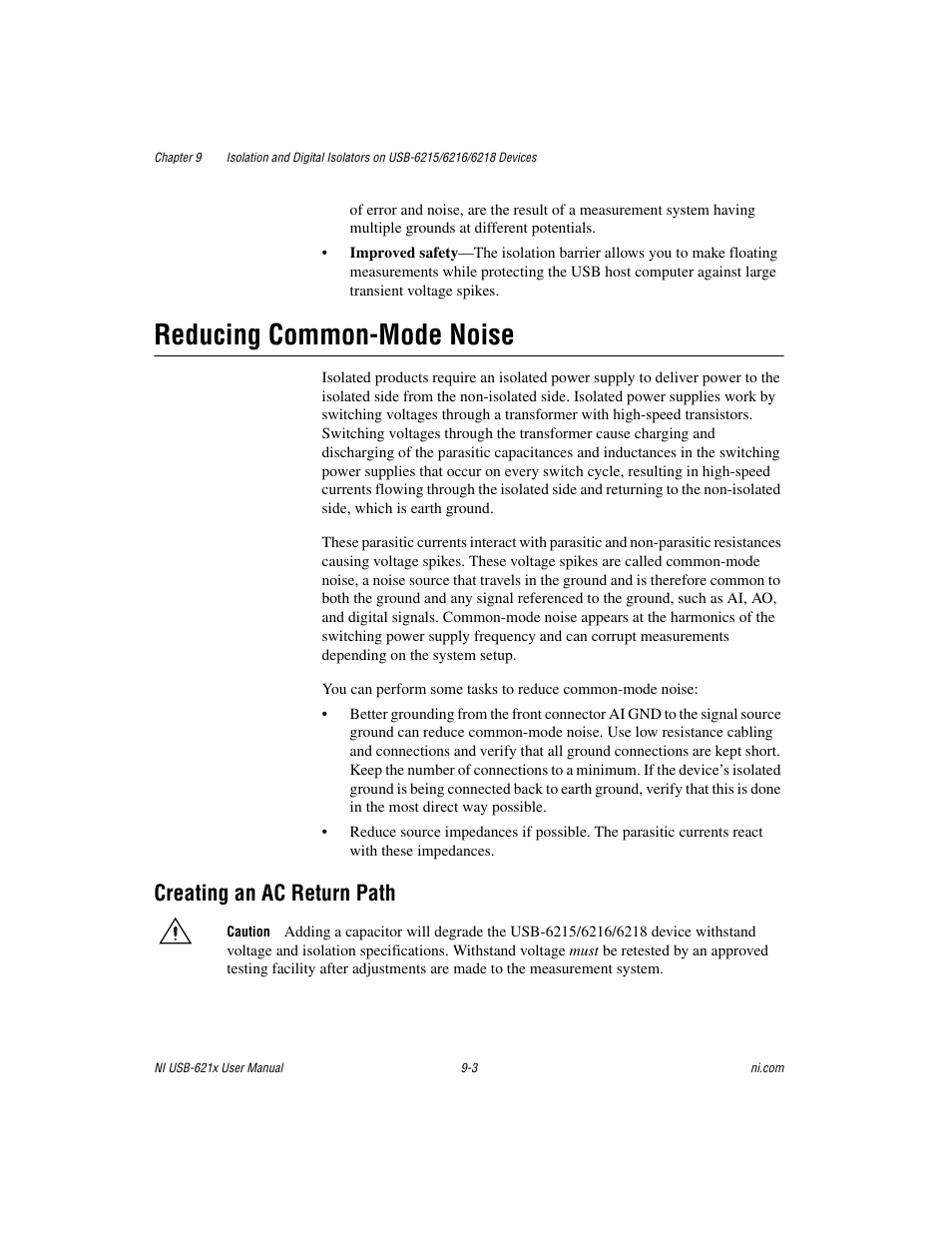 Reducing common-mode noise, Creating an ac return path, Reducing common-mode noise -3 | Creating an ac return path -3 | National Instruments Data Acquisition Device NI USB-621x User Manual | Page 133 / 185