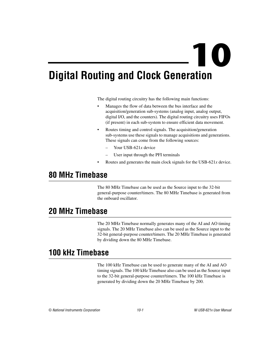 Chapter 10 digital routing and clock generation, 80 mhz timebase, 20 mhz timebase | 100 khz timebase, Digital routing and clock generation | National Instruments Data Acquisition Device NI USB-621x User Manual | Page 135 / 185
