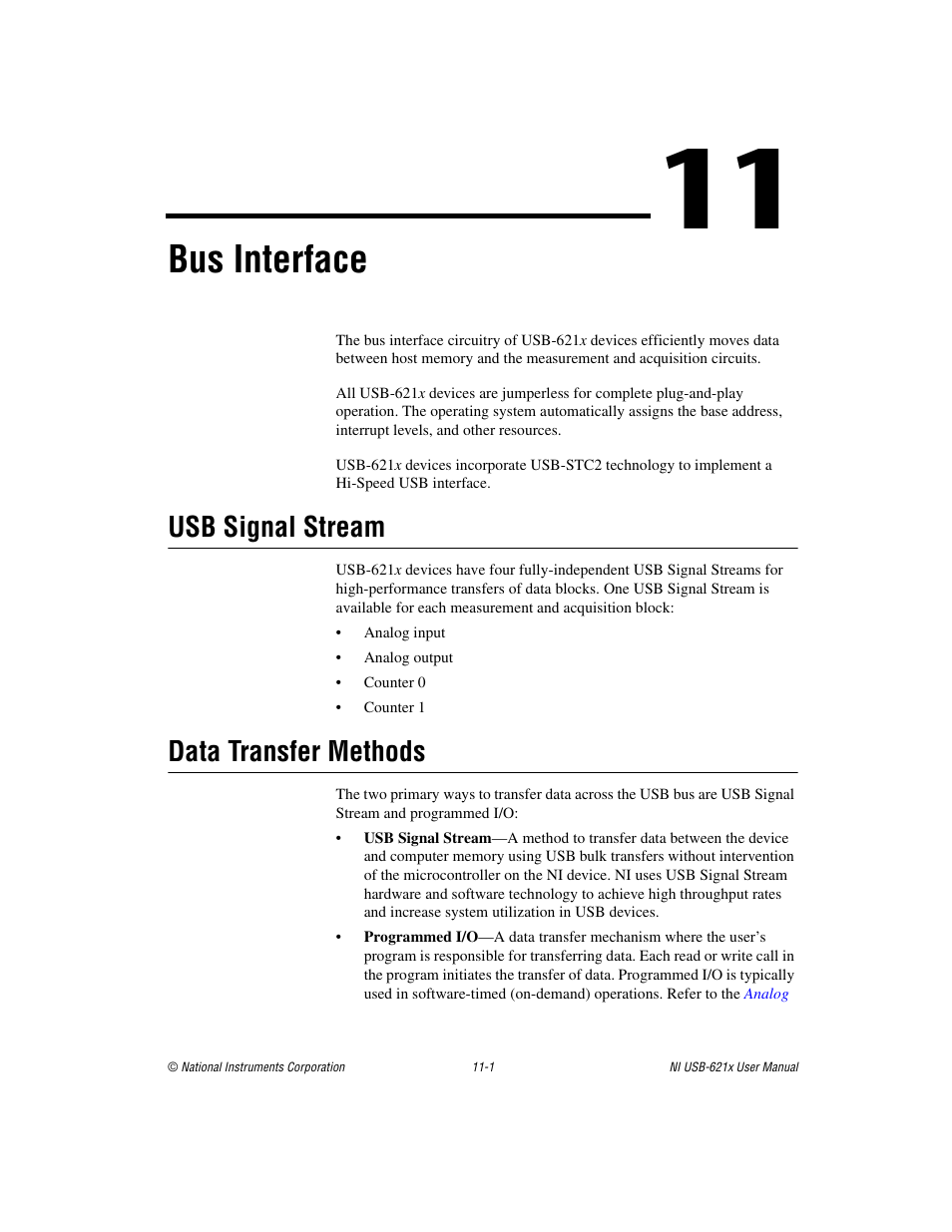 Chapter 11 bus interface, Usb signal stream, Data transfer methods | Usb signal stream -1 data transfer methods -1, Bus interface | National Instruments Data Acquisition Device NI USB-621x User Manual | Page 136 / 185