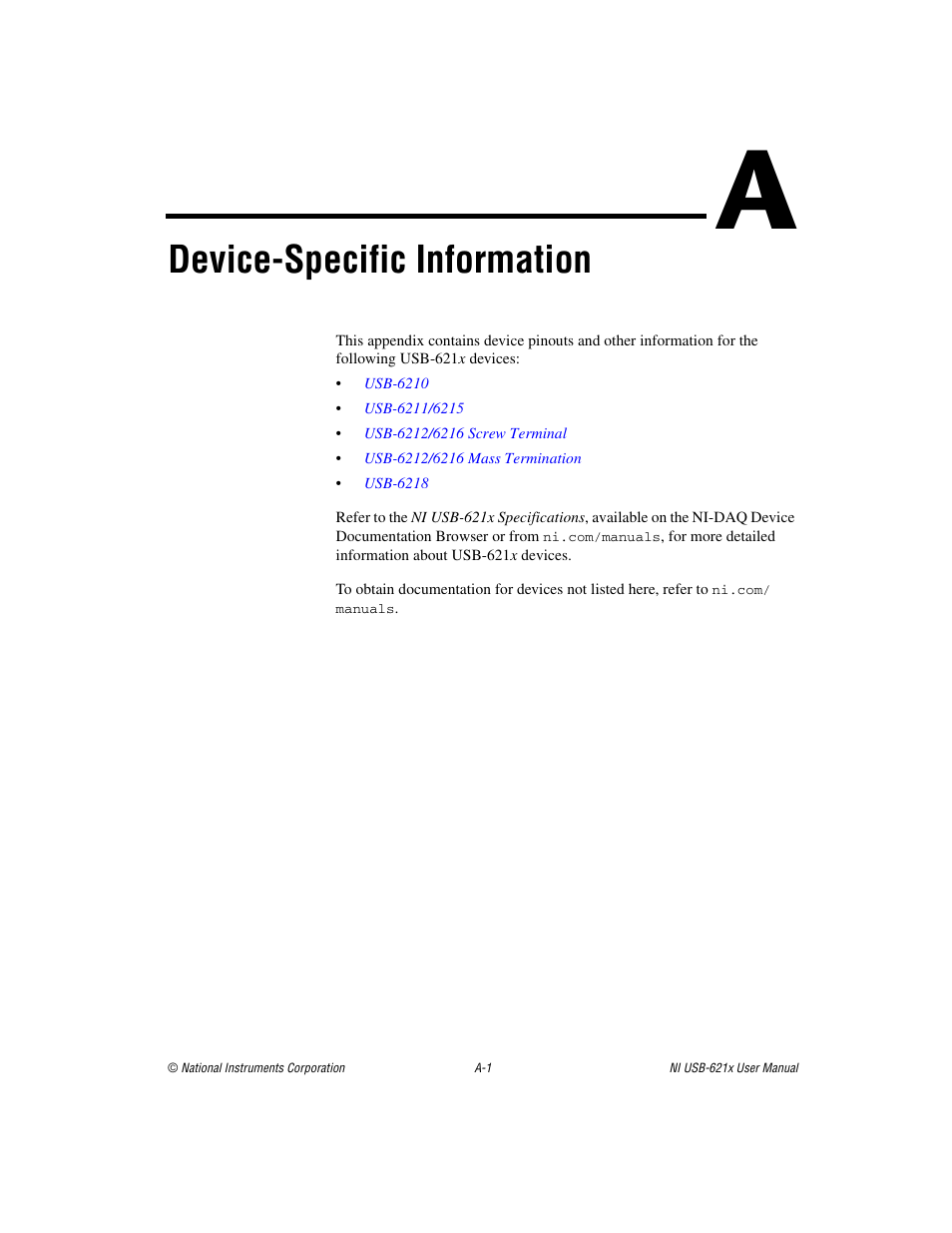 Appendix a device-specific information, Ix a, Device-specific information | For de | National Instruments Data Acquisition Device NI USB-621x User Manual | Page 140 / 185