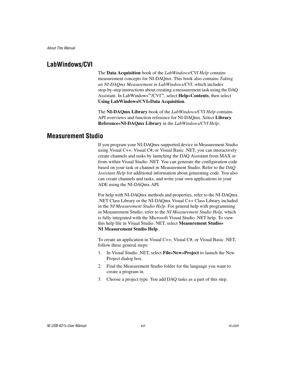 Labwindows/cvi, Measurement studio | National Instruments Data Acquisition Device NI USB-621x User Manual | Page 15 / 185