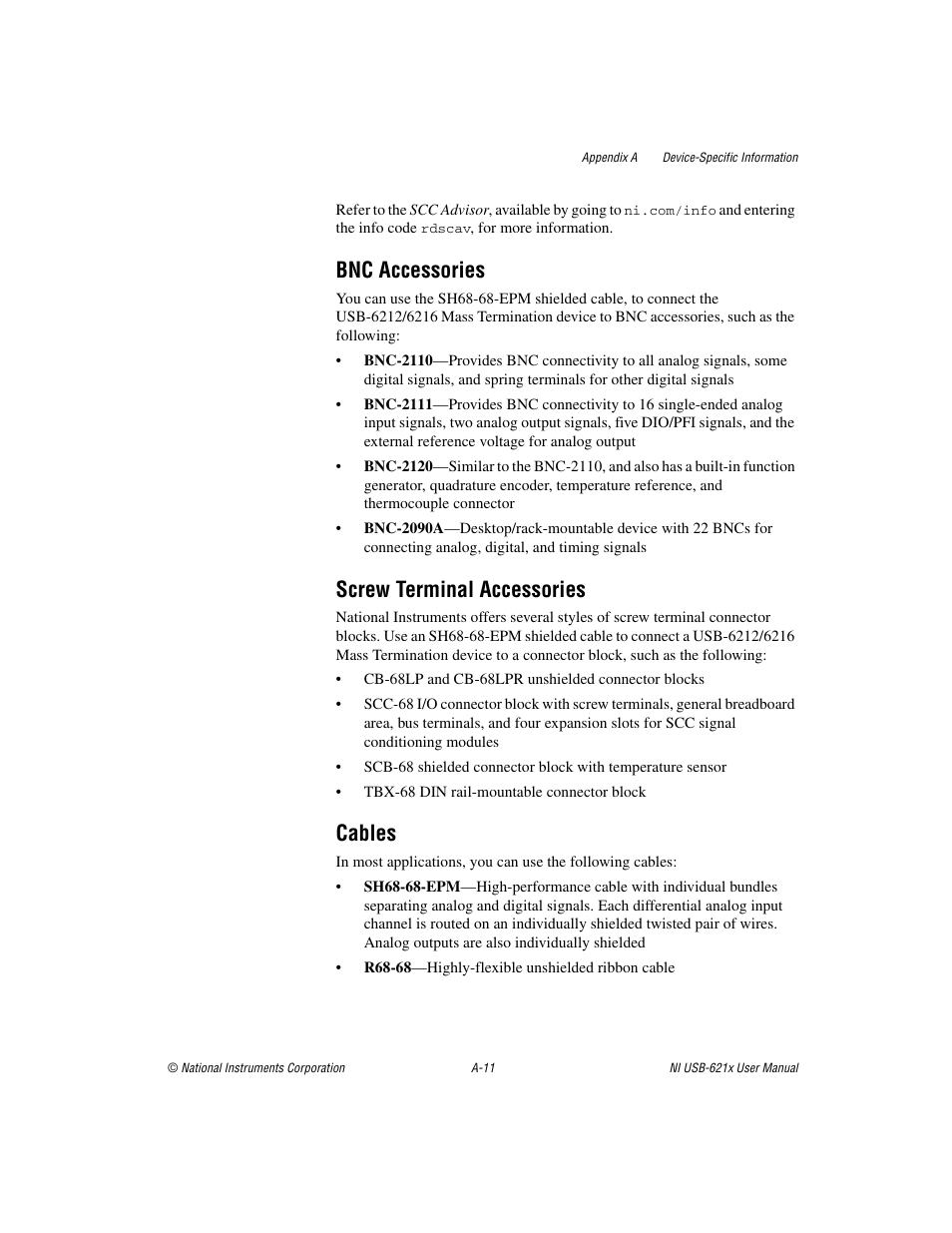 Bnc accessories, Screw terminal accessories, Cables | National Instruments Data Acquisition Device NI USB-621x User Manual | Page 150 / 185