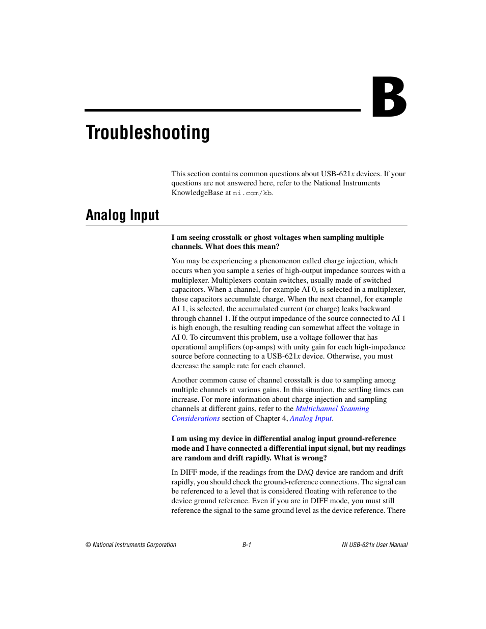 Appendix b troubleshooting, Troubleshooting, Analog input | National Instruments Data Acquisition Device NI USB-621x User Manual | Page 154 / 185