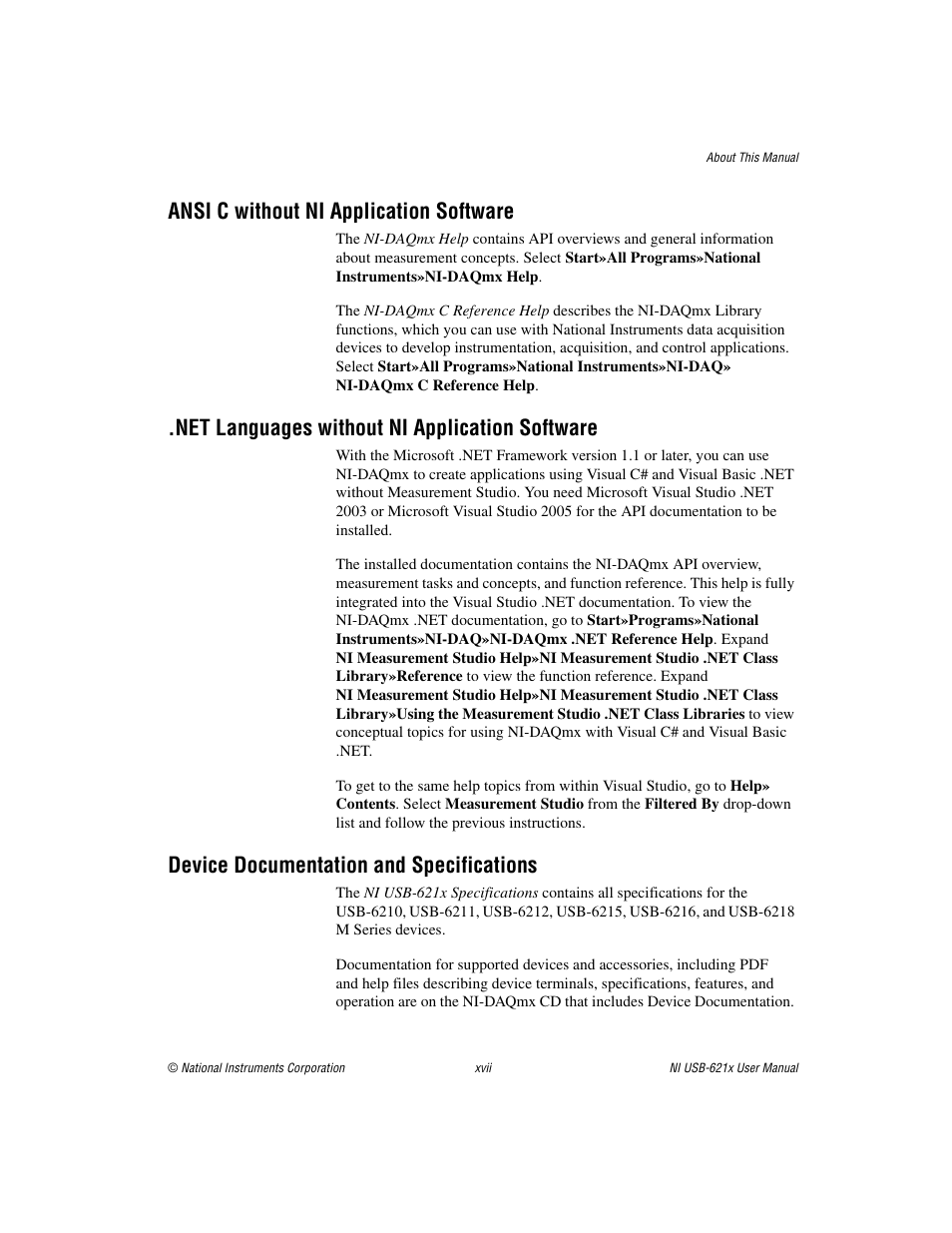 Ansi c without ni application software, Net languages without ni application software, Device documentation and specifications | National Instruments Data Acquisition Device NI USB-621x User Manual | Page 16 / 185