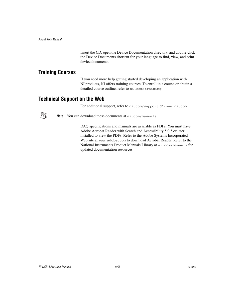 Training courses, Technical support on the web | National Instruments Data Acquisition Device NI USB-621x User Manual | Page 17 / 185