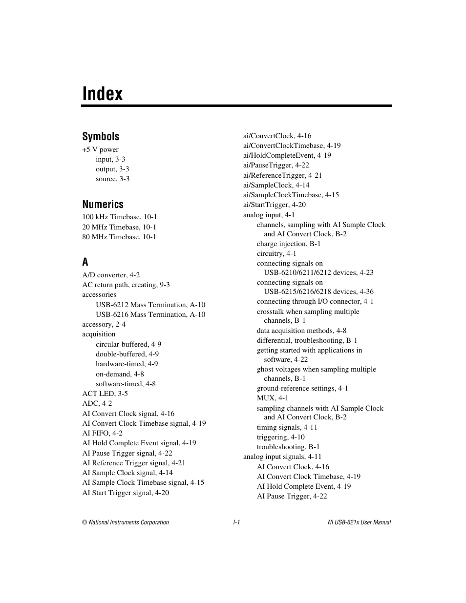 Index, Symbols, Numerics | National Instruments Data Acquisition Device NI USB-621x User Manual | Page 175 / 185