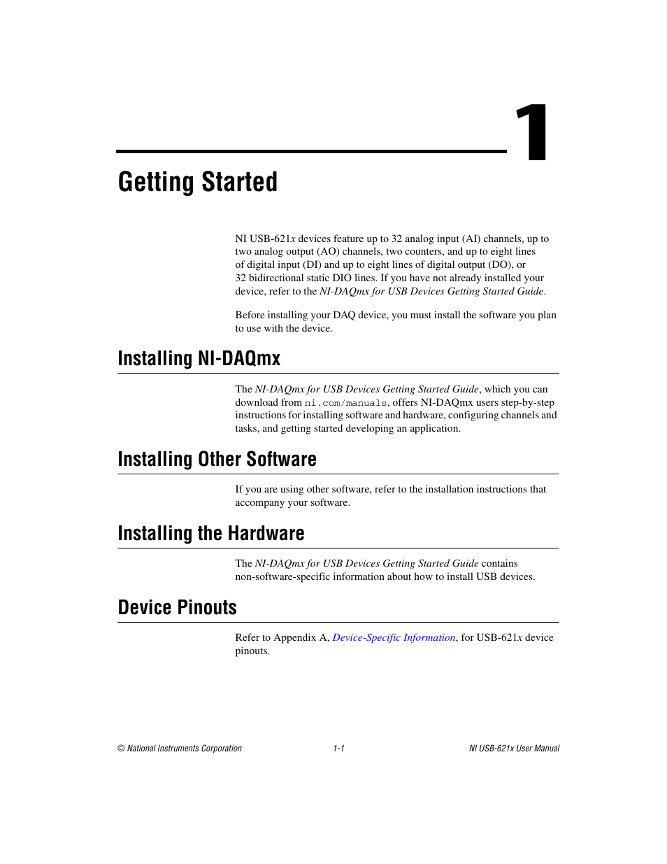 Chapter 1 getting started, Installing ni-daqmx, Installing other software | Installing the hardware, Device pinouts, Getting started | National Instruments Data Acquisition Device NI USB-621x User Manual | Page 18 / 185
