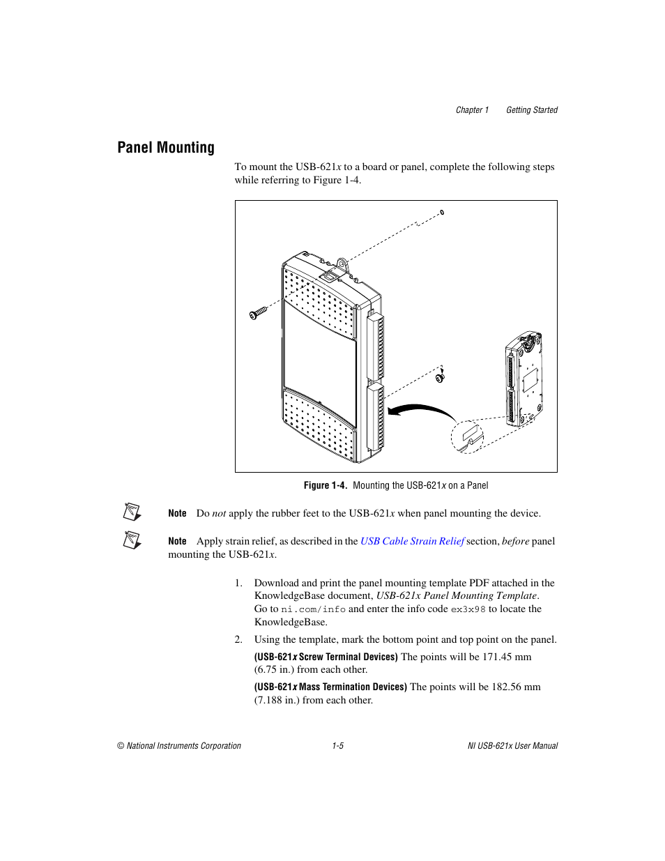 Panel mounting, Figure 1-4. mounting the usb-621x on a panel, Panel mounting -5 | National Instruments Data Acquisition Device NI USB-621x User Manual | Page 22 / 185