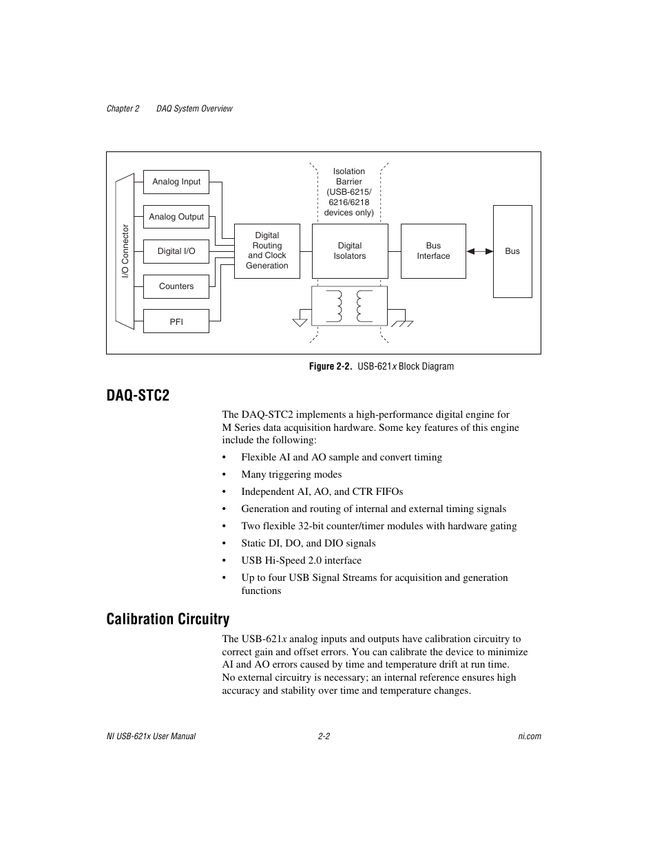 Figure 2-2. usb-621x block diagram, Daq-stc2, Calibration circuitry | Daq-stc2 -2 calibration circuitry -2 | National Instruments Data Acquisition Device NI USB-621x User Manual | Page 25 / 185