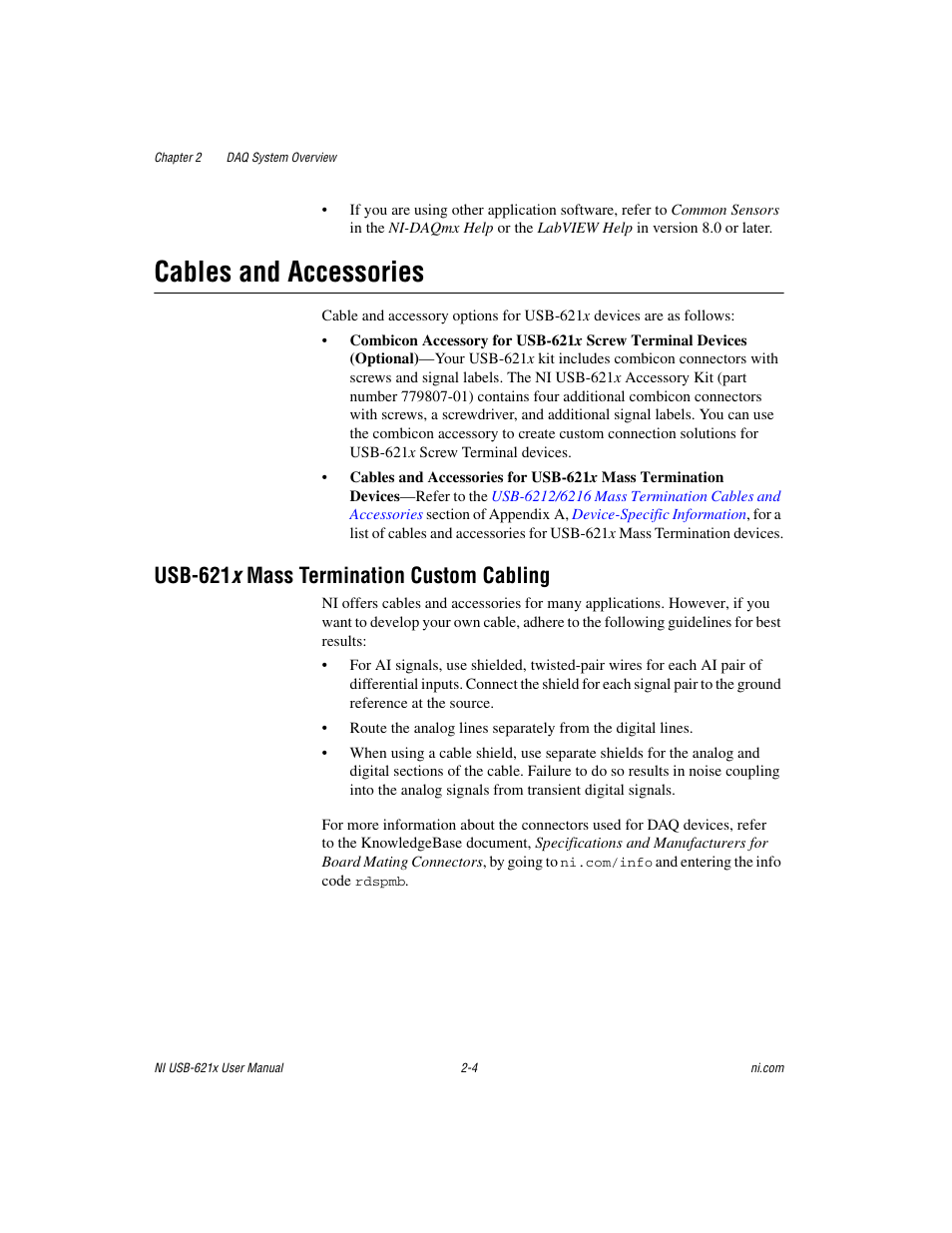 Cables and accessories, Usb-621x mass termination custom cabling, Cables and accessories -4 | Usb-621 x mass termination custom cabling -4, Usb-621 x mass termination custom cabling | National Instruments Data Acquisition Device NI USB-621x User Manual | Page 27 / 185