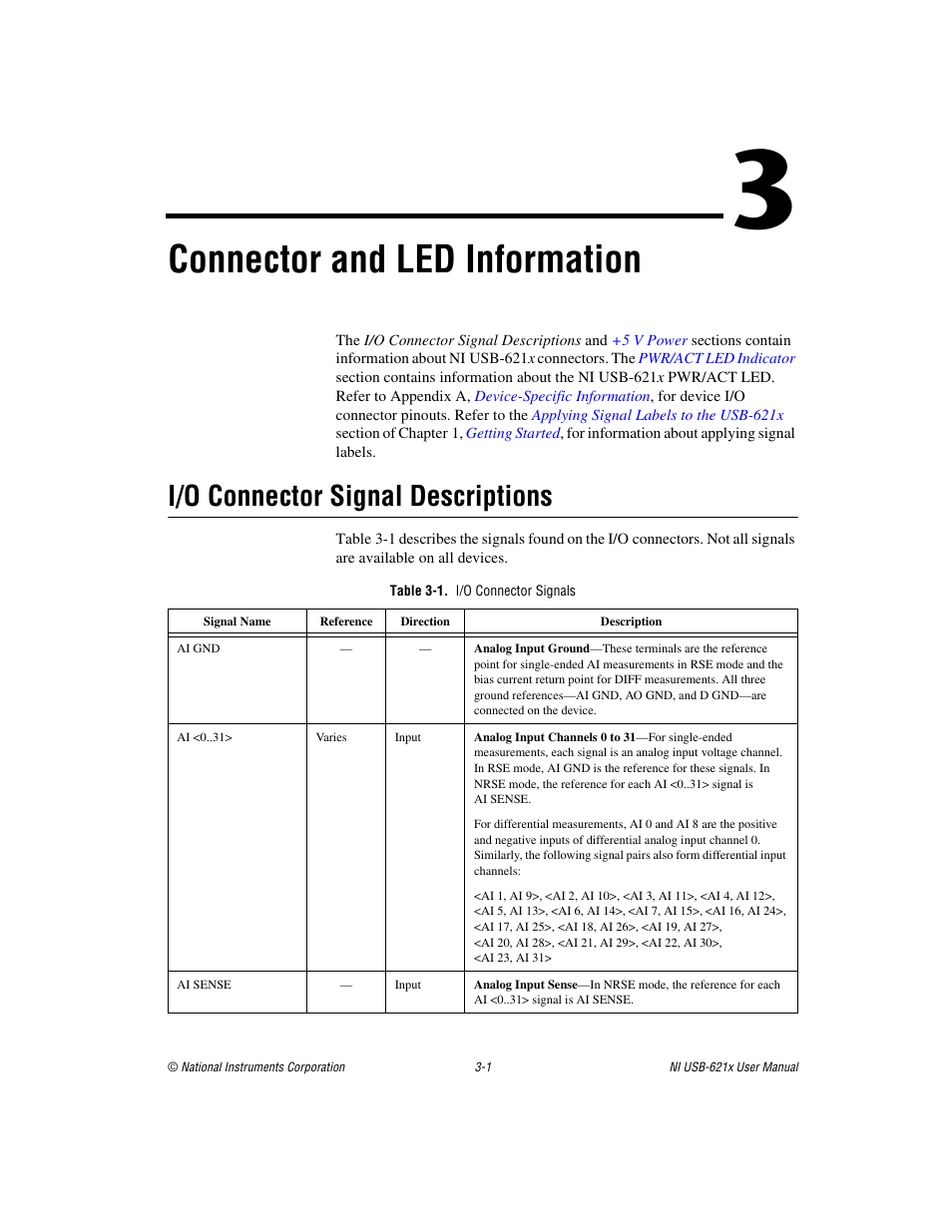 Chapter 3 connector and led information, I/o connector signal descriptions, Table 3-1. i/o connector signals | I/o connector signal descriptions -1, Connector and led information | National Instruments Data Acquisition Device NI USB-621x User Manual | Page 29 / 185
