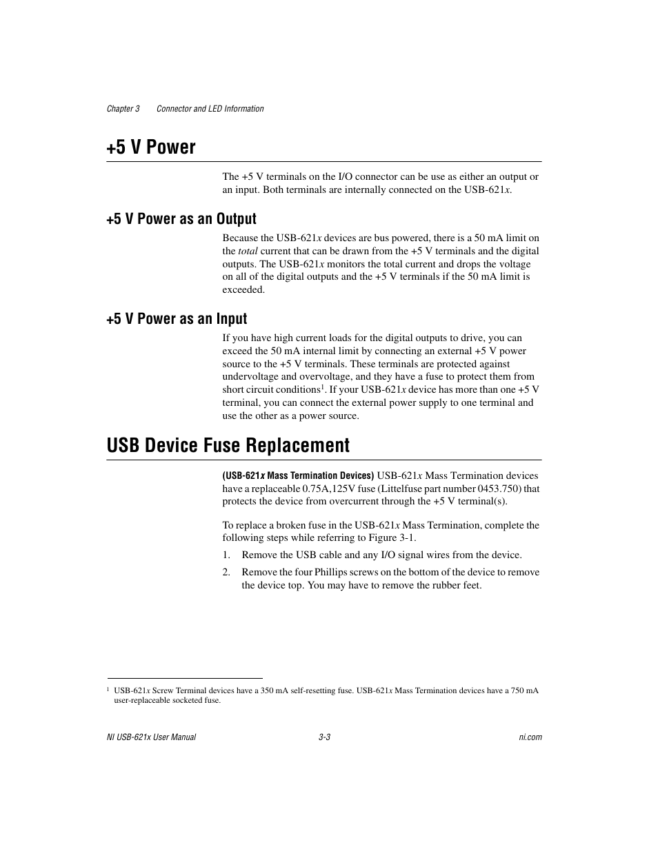 5 v power, 5 v power as an output, 5 v power as an input | Usb device fuse replacement, 5 v power -3, Usb device fuse replacement -3 | National Instruments Data Acquisition Device NI USB-621x User Manual | Page 31 / 185