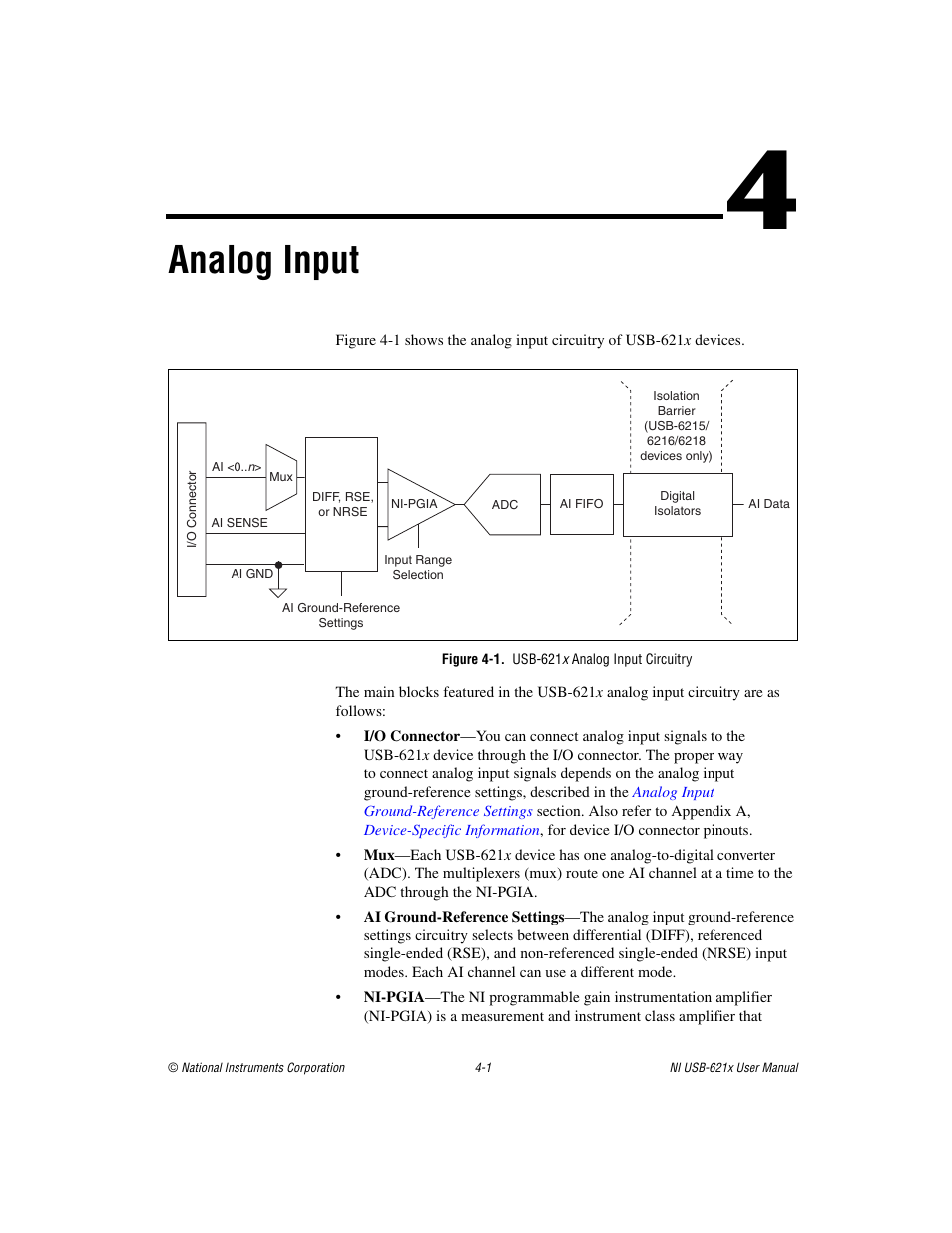 Chapter 4 analog input, Figure 4-1. usb-621x analog input circuitry, Analog input | National Instruments Data Acquisition Device NI USB-621x User Manual | Page 34 / 185