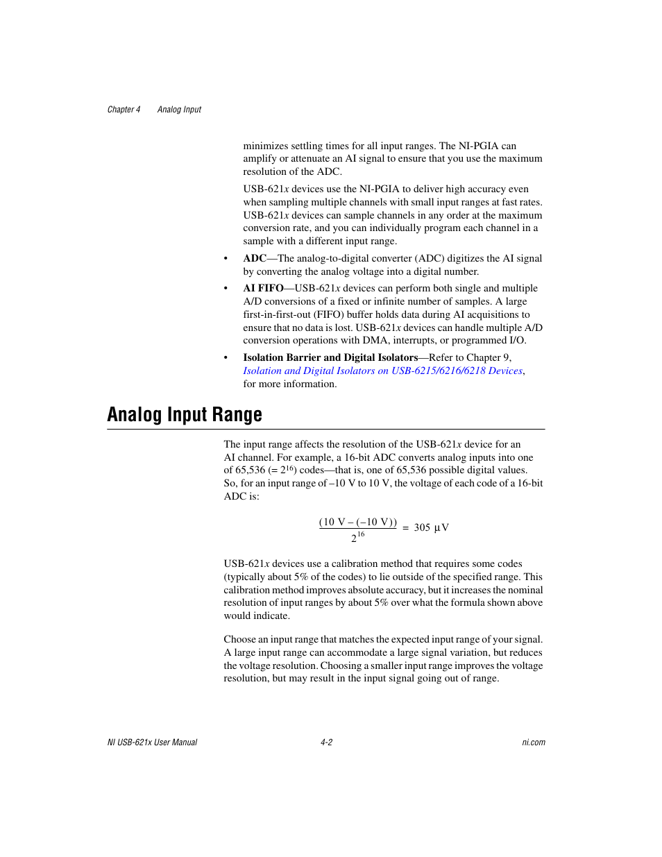Analog input range, Analog input range -2 | National Instruments Data Acquisition Device NI USB-621x User Manual | Page 35 / 185