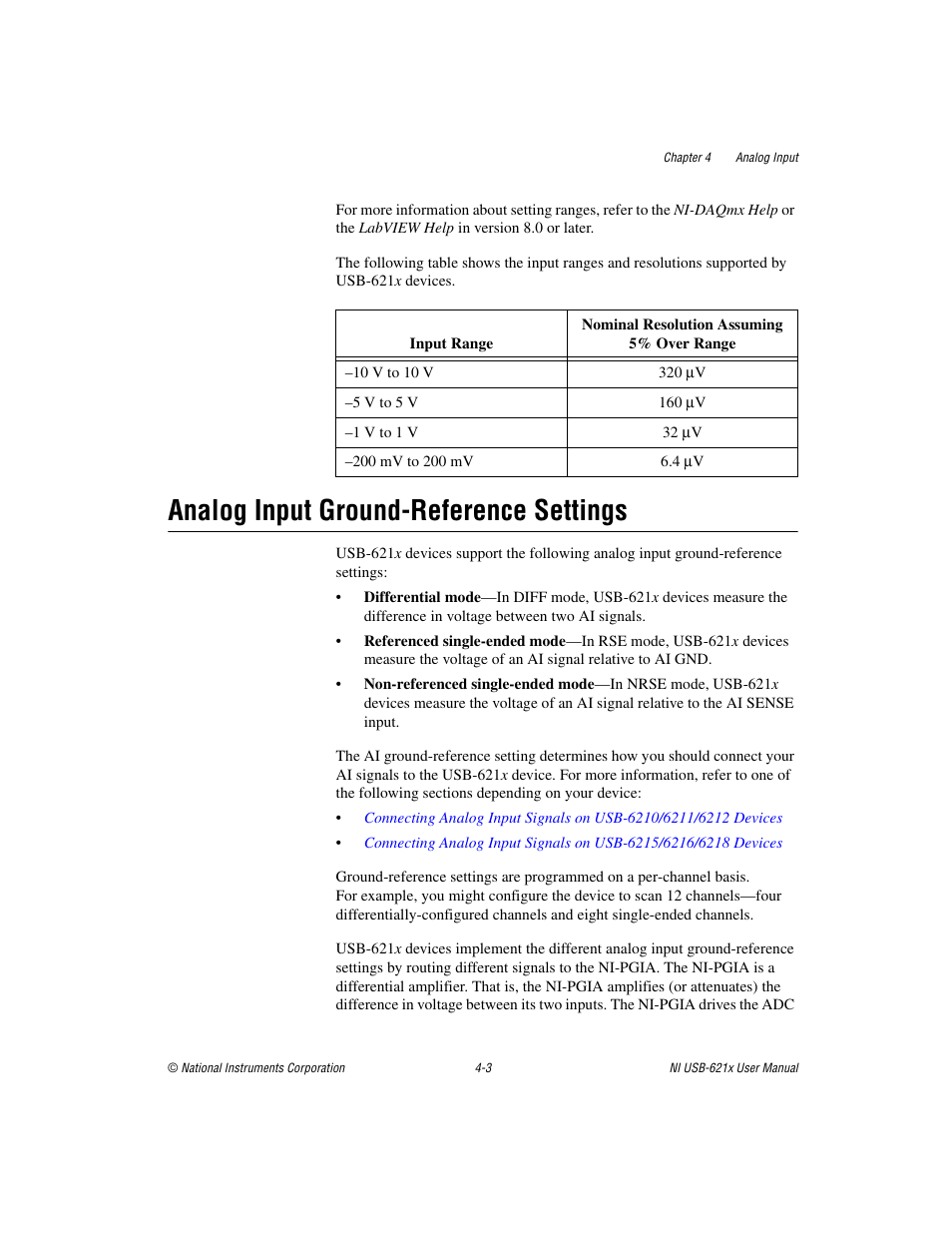 Analog input ground-reference settings, Analog input ground-reference settings -3, Analog input | Ground-reference settings | National Instruments Data Acquisition Device NI USB-621x User Manual | Page 36 / 185