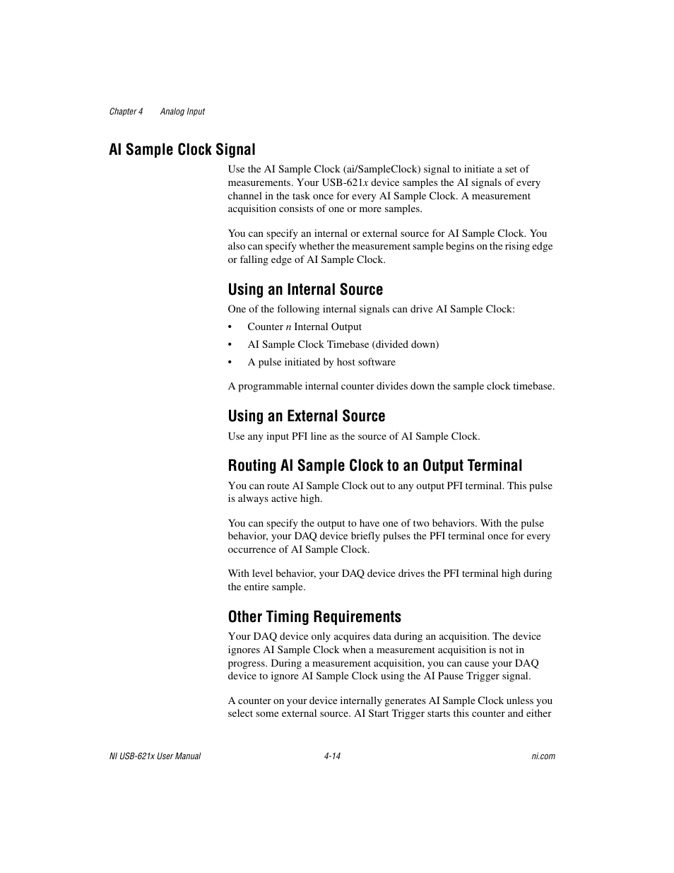 Ai sample clock signal, Using an internal source, Using an external source | Routing ai sample clock to an output terminal, Other timing requirements, Ai sample clock signal -14 | National Instruments Data Acquisition Device NI USB-621x User Manual | Page 47 / 185