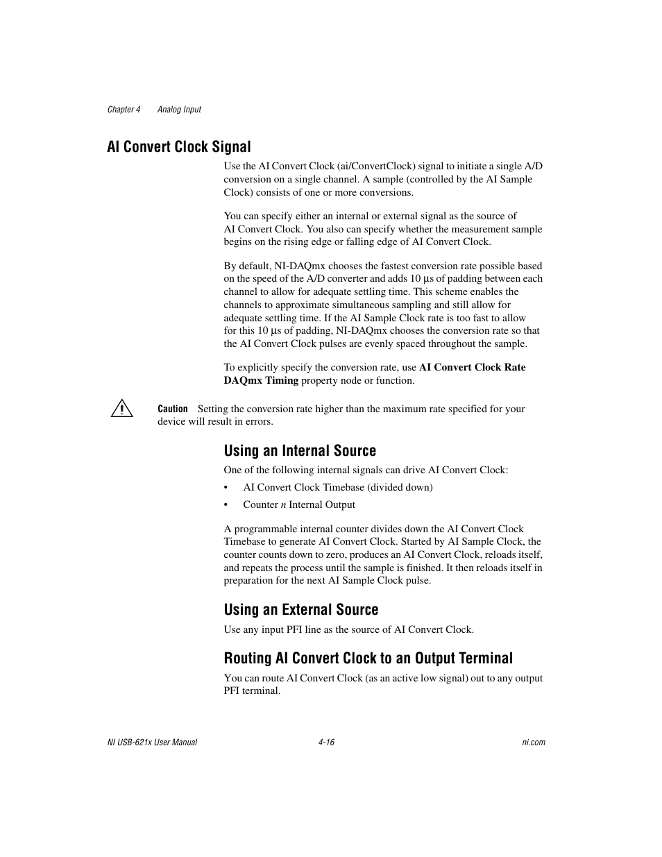 Ai convert clock signal, Using an internal source, Using an external source | Routing ai convert clock to an output terminal, Ai convert clock signal -16 | National Instruments Data Acquisition Device NI USB-621x User Manual | Page 49 / 185