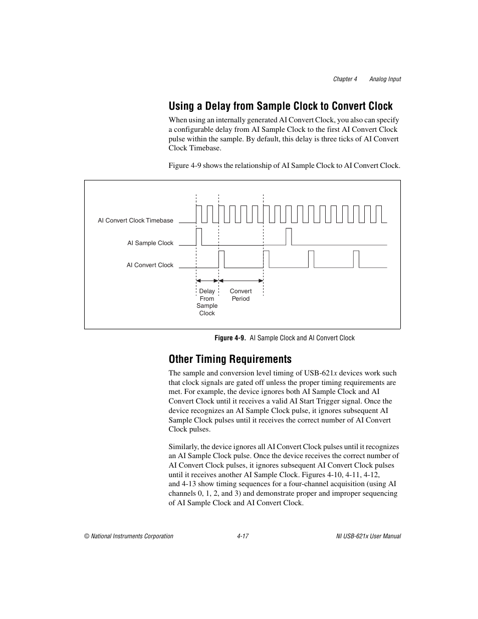 Using a delay from sample clock to convert clock, Figure 4-9. ai sample clock and ai convert clock, Other timing requirements | National Instruments Data Acquisition Device NI USB-621x User Manual | Page 50 / 185