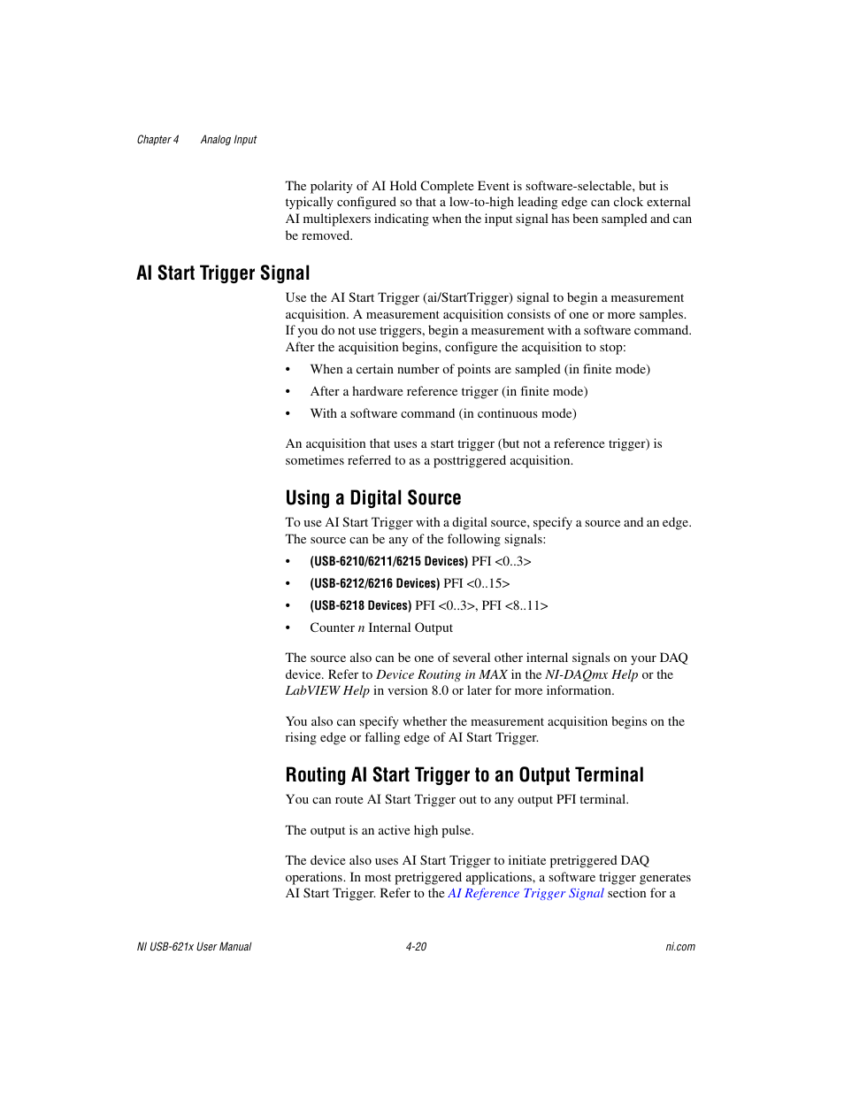 Ai start trigger signal, Using a digital source, Routing ai start trigger to an output terminal | Ai start trigger signal -20 | National Instruments Data Acquisition Device NI USB-621x User Manual | Page 53 / 185