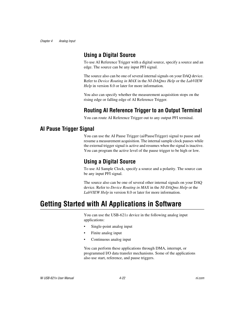 Using a digital source, Routing ai reference trigger to an output terminal, Ai pause trigger signal | Getting started with ai applications in software, Ai pause trigger signal -22, Using a digital source -22 | National Instruments Data Acquisition Device NI USB-621x User Manual | Page 55 / 185