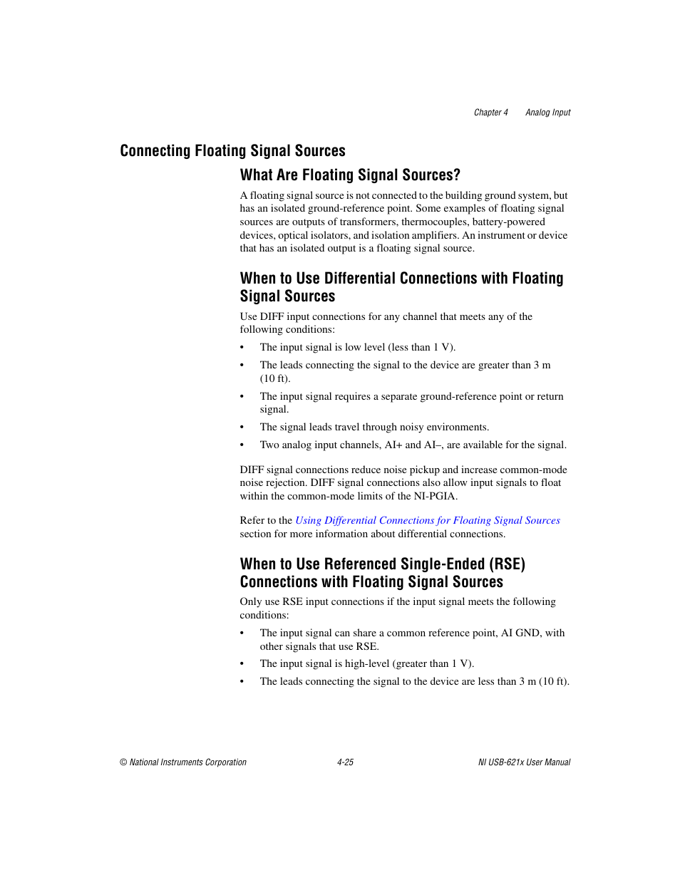 Connecting floating signal sources, What are floating signal sources, Connecting floating signal sources -25 | Signal sources -25, With floating signal sources -25 | National Instruments Data Acquisition Device NI USB-621x User Manual | Page 58 / 185