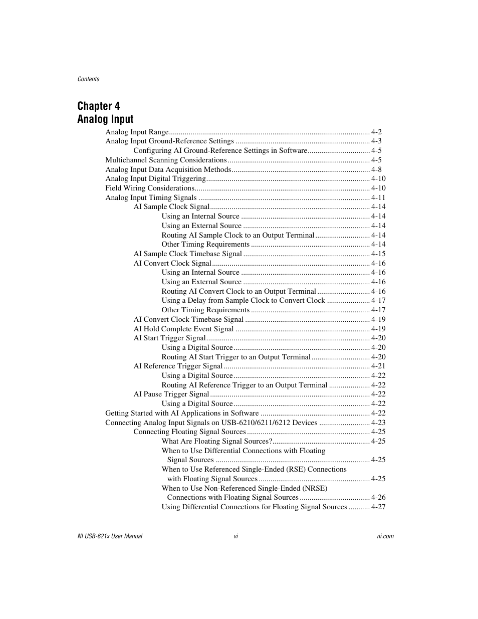 Chapter 4 analog input | National Instruments Data Acquisition Device NI USB-621x User Manual | Page 6 / 185